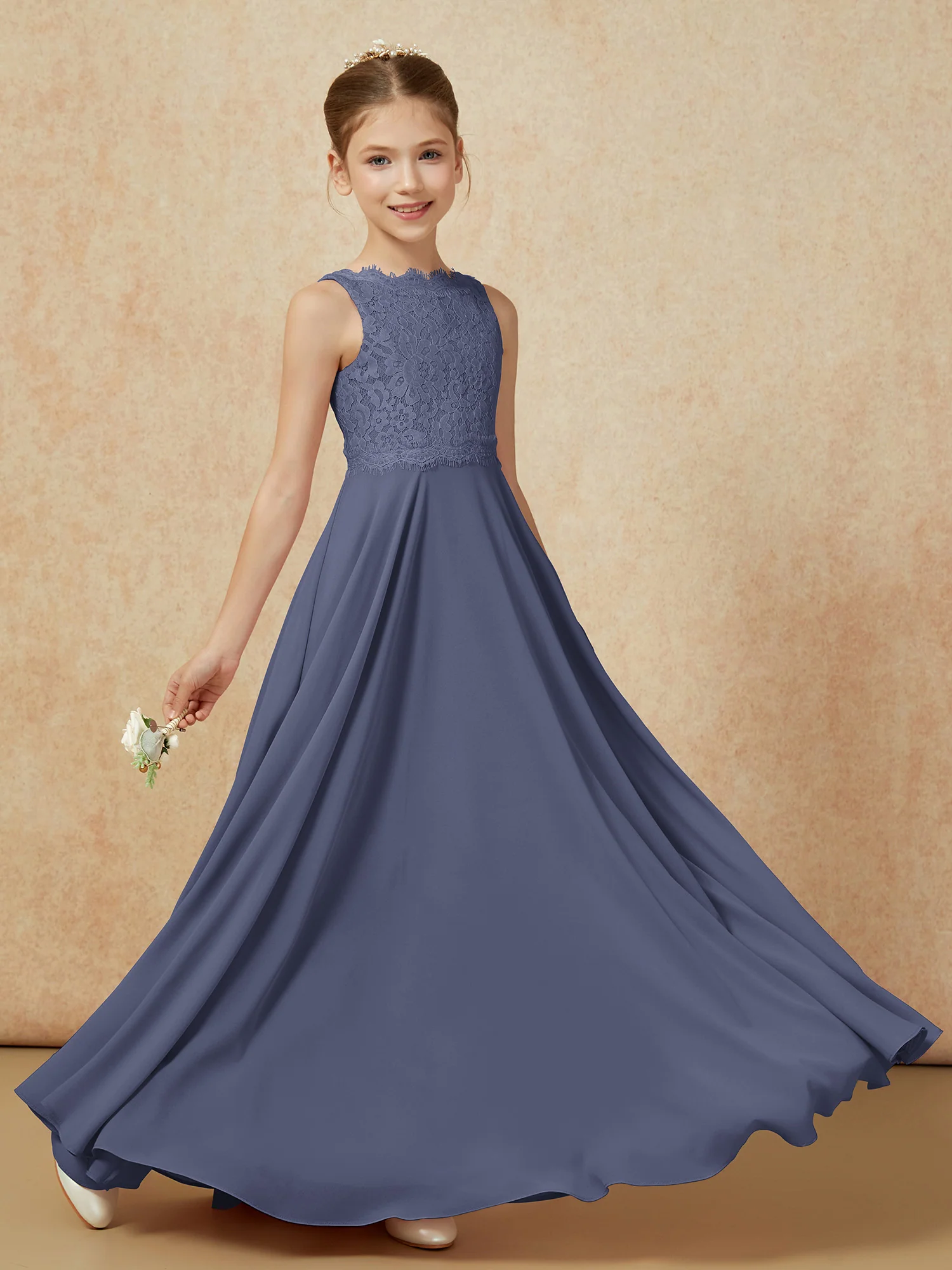 Bateau A-line Floor-length Chiffon Junior Bridesmaid Dress Stormy - Image 6