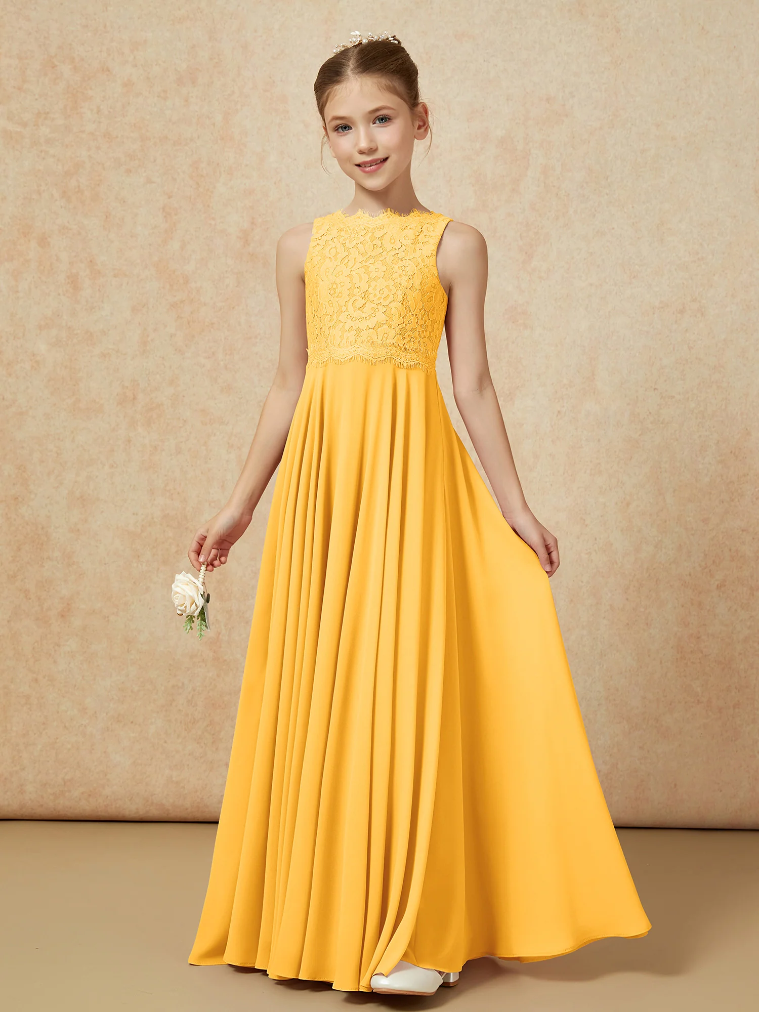 Bateau A-line Floor-length Chiffon Junior Bridesmaid Dress Tangerine - Image 3
