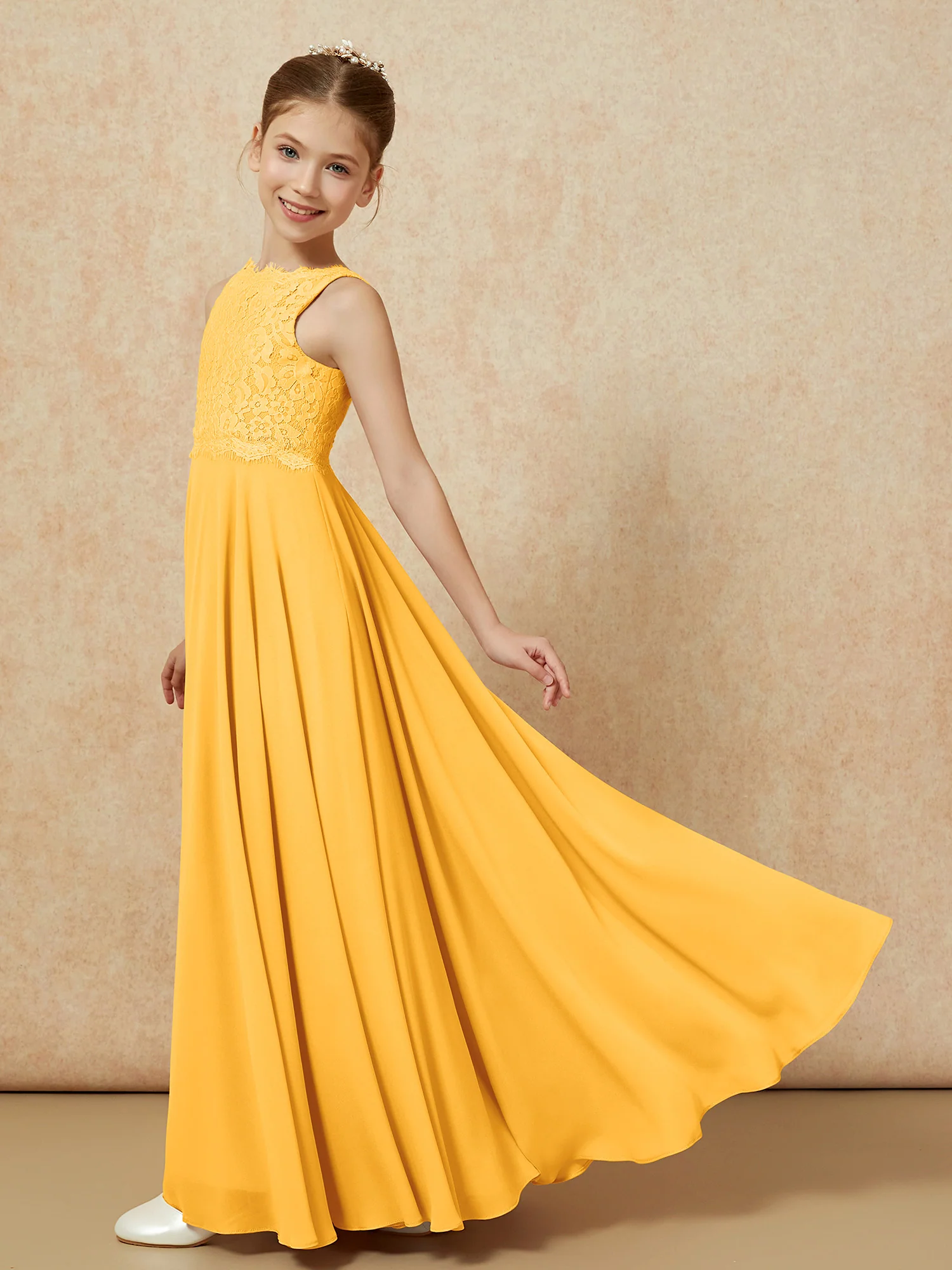 Bateau A-line Floor-length Chiffon Junior Bridesmaid Dress Tangerine - Image 4