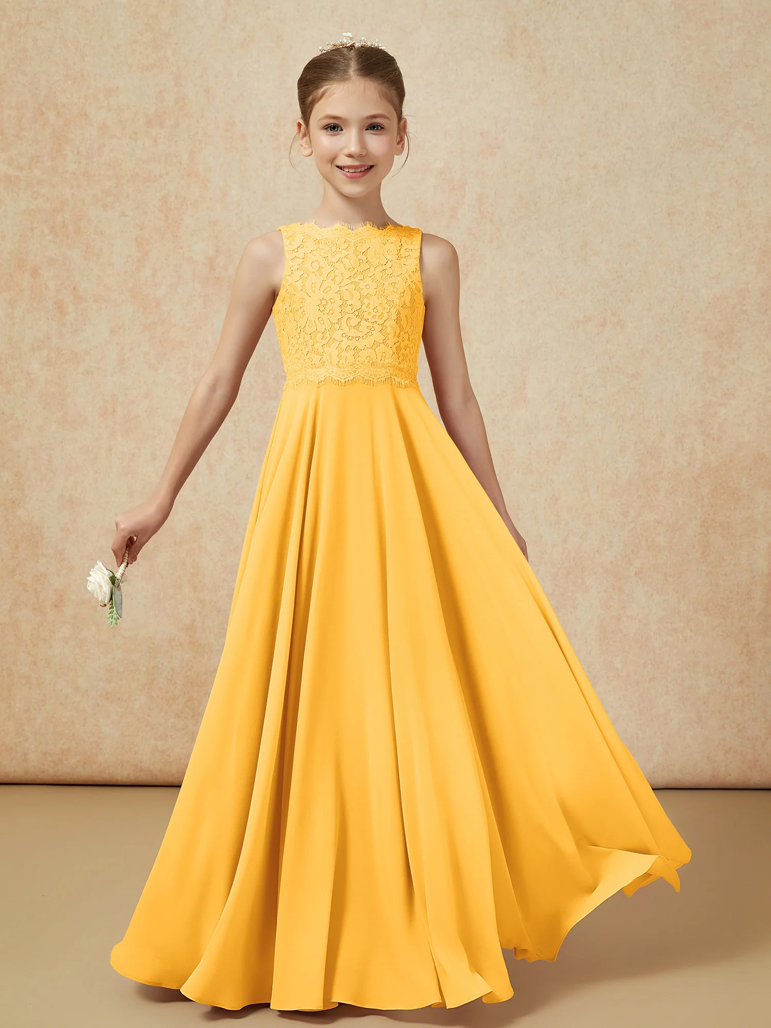 Bateau A-line Floor-length Chiffon Junior Bridesmaid Dress Tangerine - Image 5