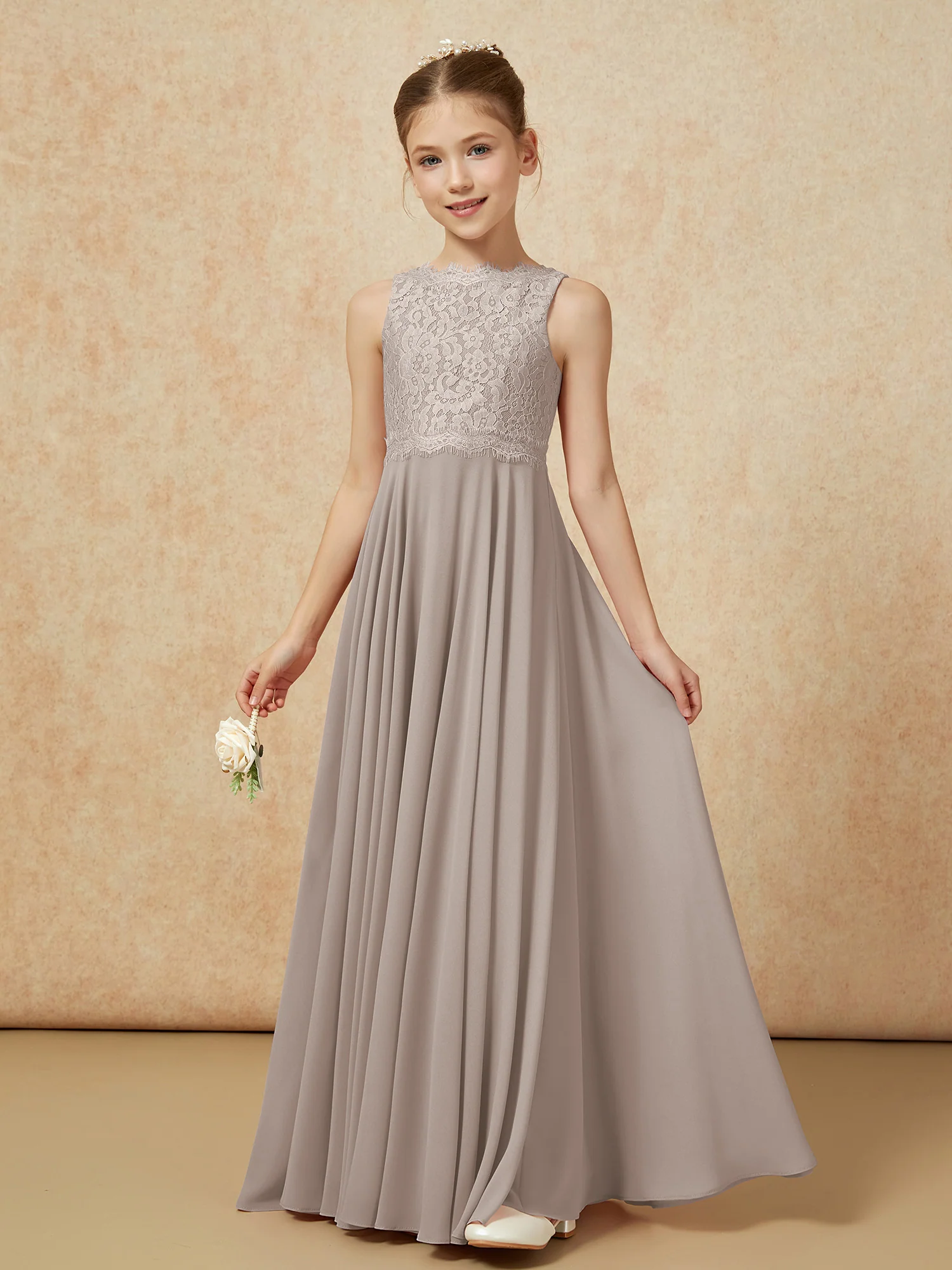 Bateau A-line Floor-length Chiffon Junior Bridesmaid Dress Taupe - Image 3