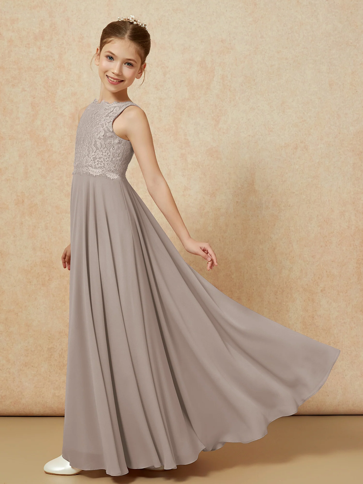 Bateau A-line Floor-length Chiffon Junior Bridesmaid Dress Taupe - Image 4