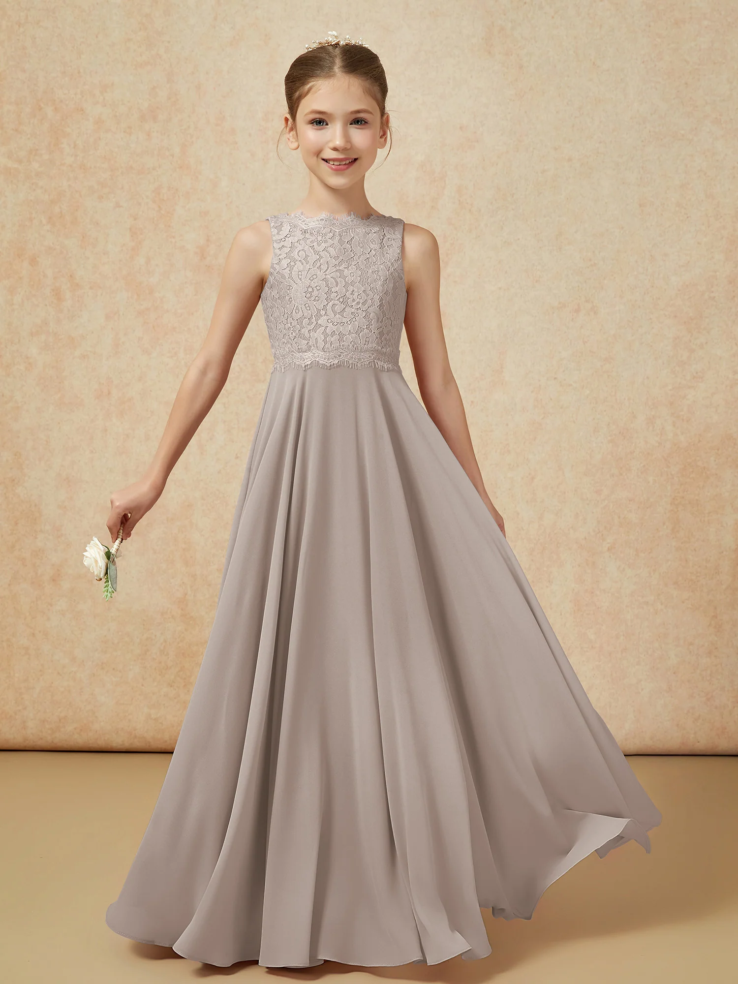 Bateau A-line Floor-length Chiffon Junior Bridesmaid Dress Taupe - Image 5