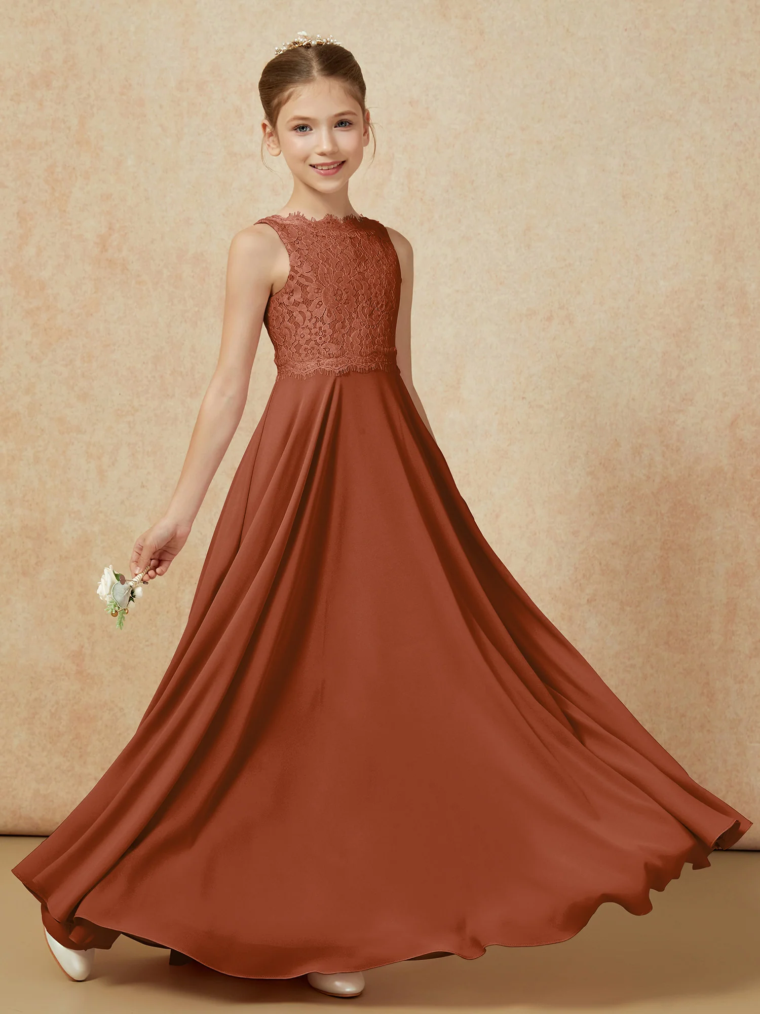 Bateau A-line Floor-length Chiffon Junior Bridesmaid Dress Terracotta - Image 6
