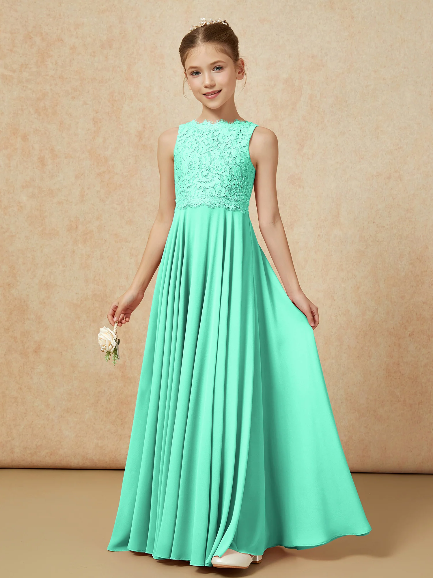 Bateau A-line Floor-length Chiffon Junior Bridesmaid Dress Turquoise - Image 3