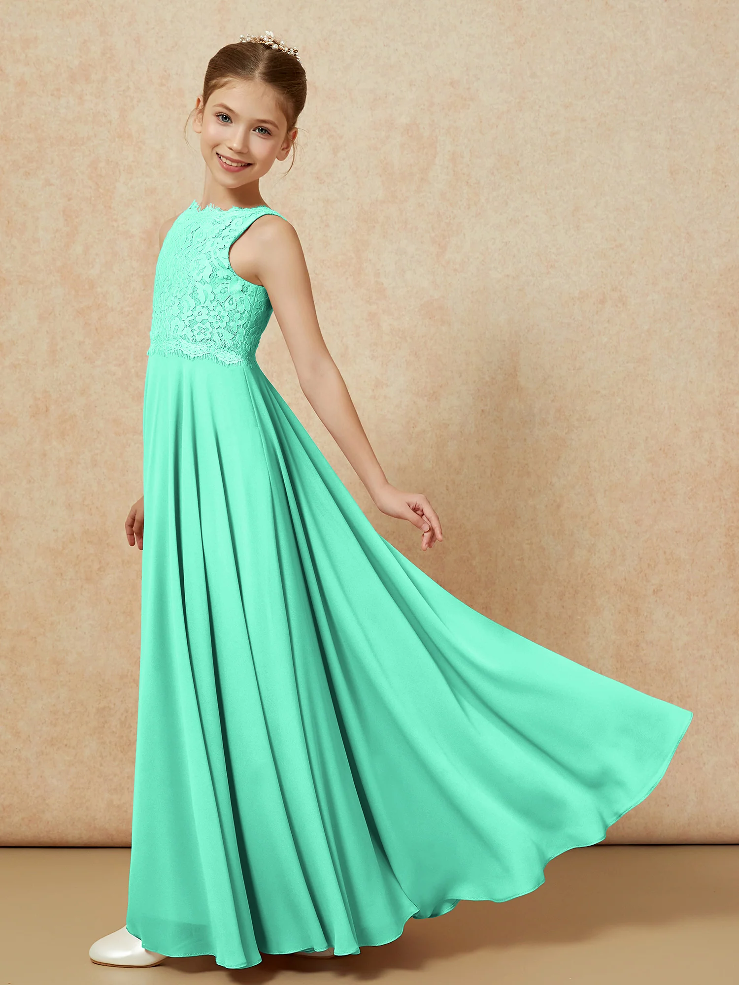 Bateau A-line Floor-length Chiffon Junior Bridesmaid Dress Turquoise - Image 4