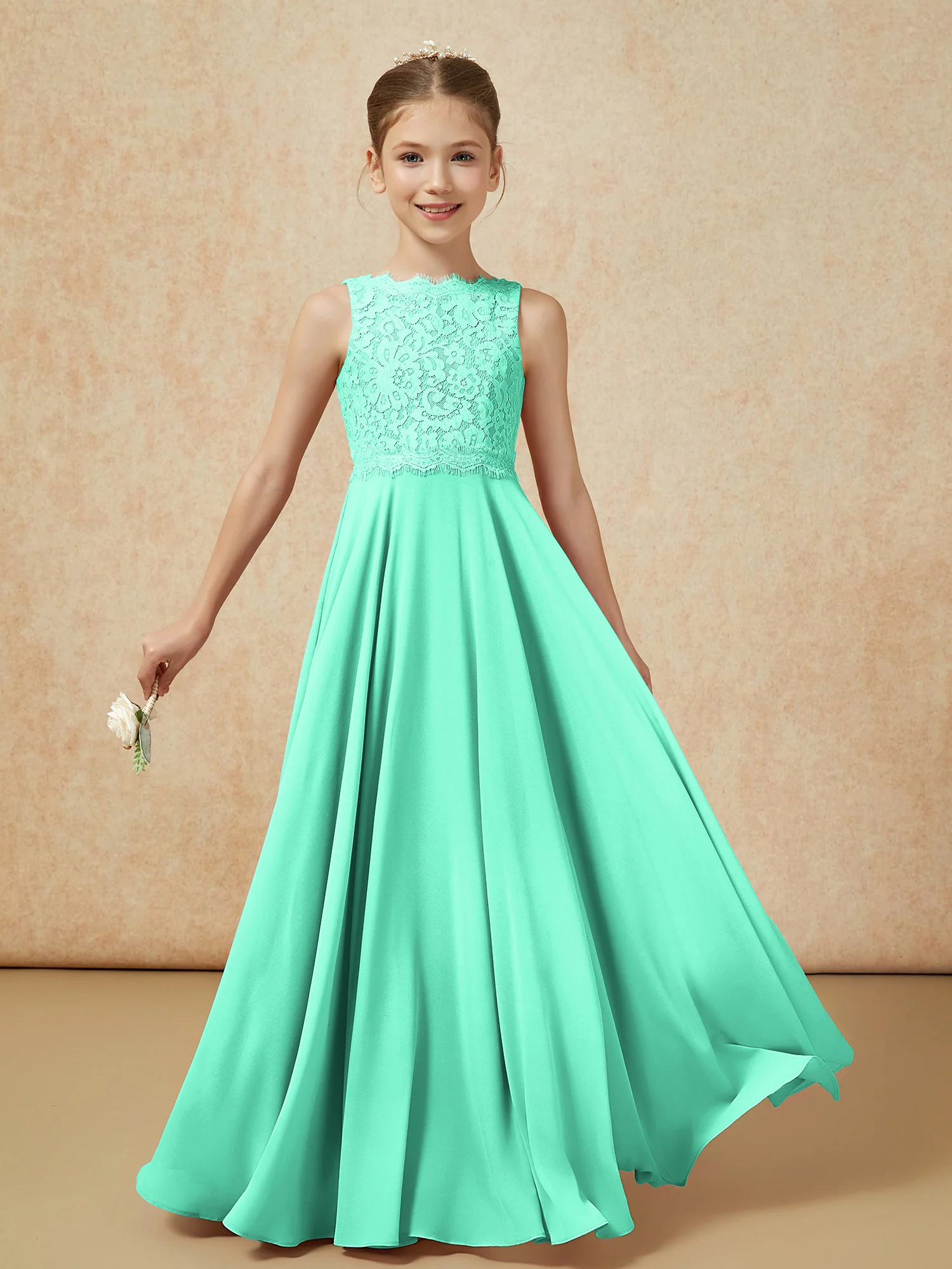 Bateau A-line Floor-length Chiffon Junior Bridesmaid Dress Turquoise - Image 5