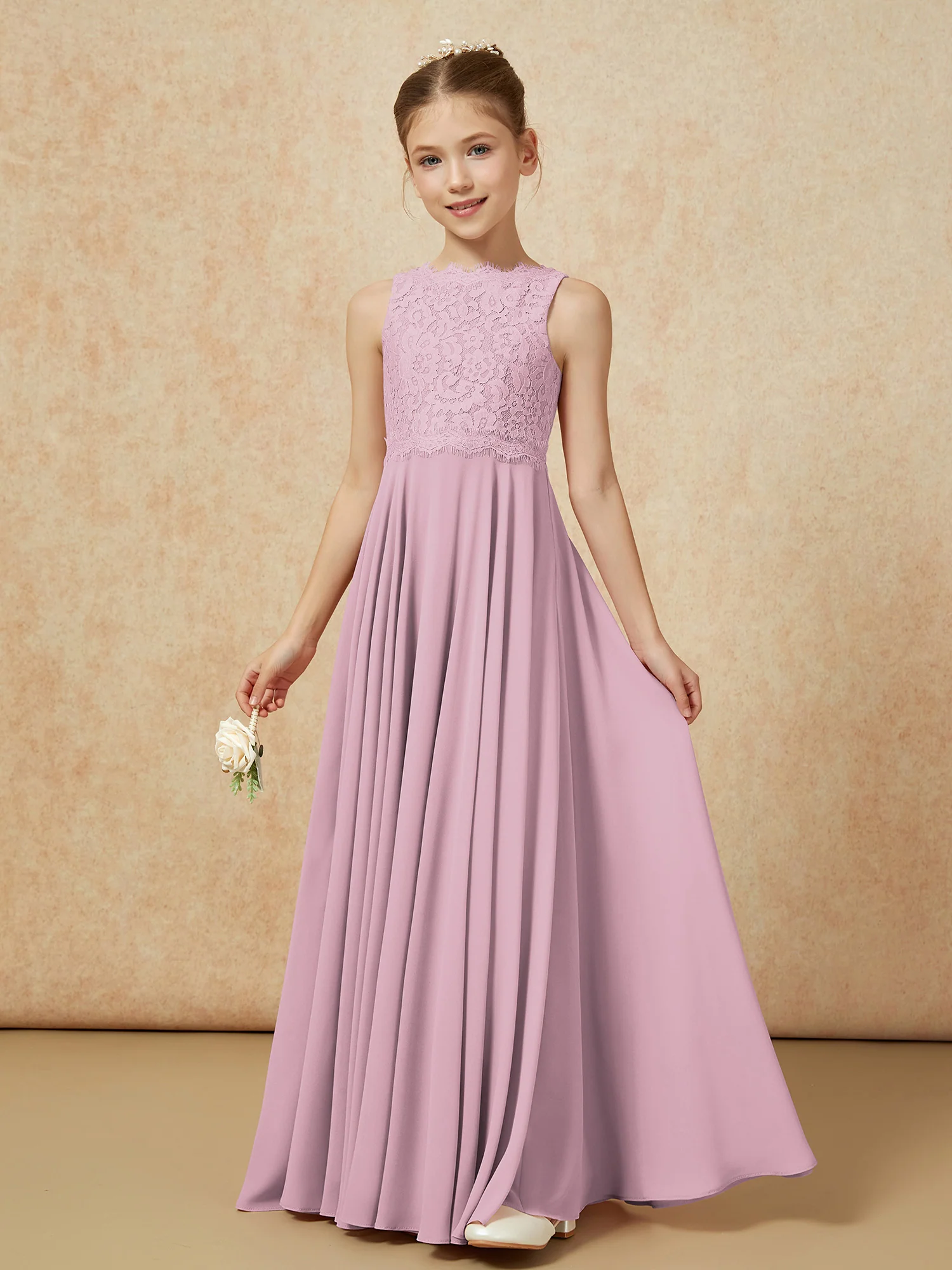 Bateau A-line Floor-length Chiffon Junior Bridesmaid Dress Vintage Mauve - Image 3