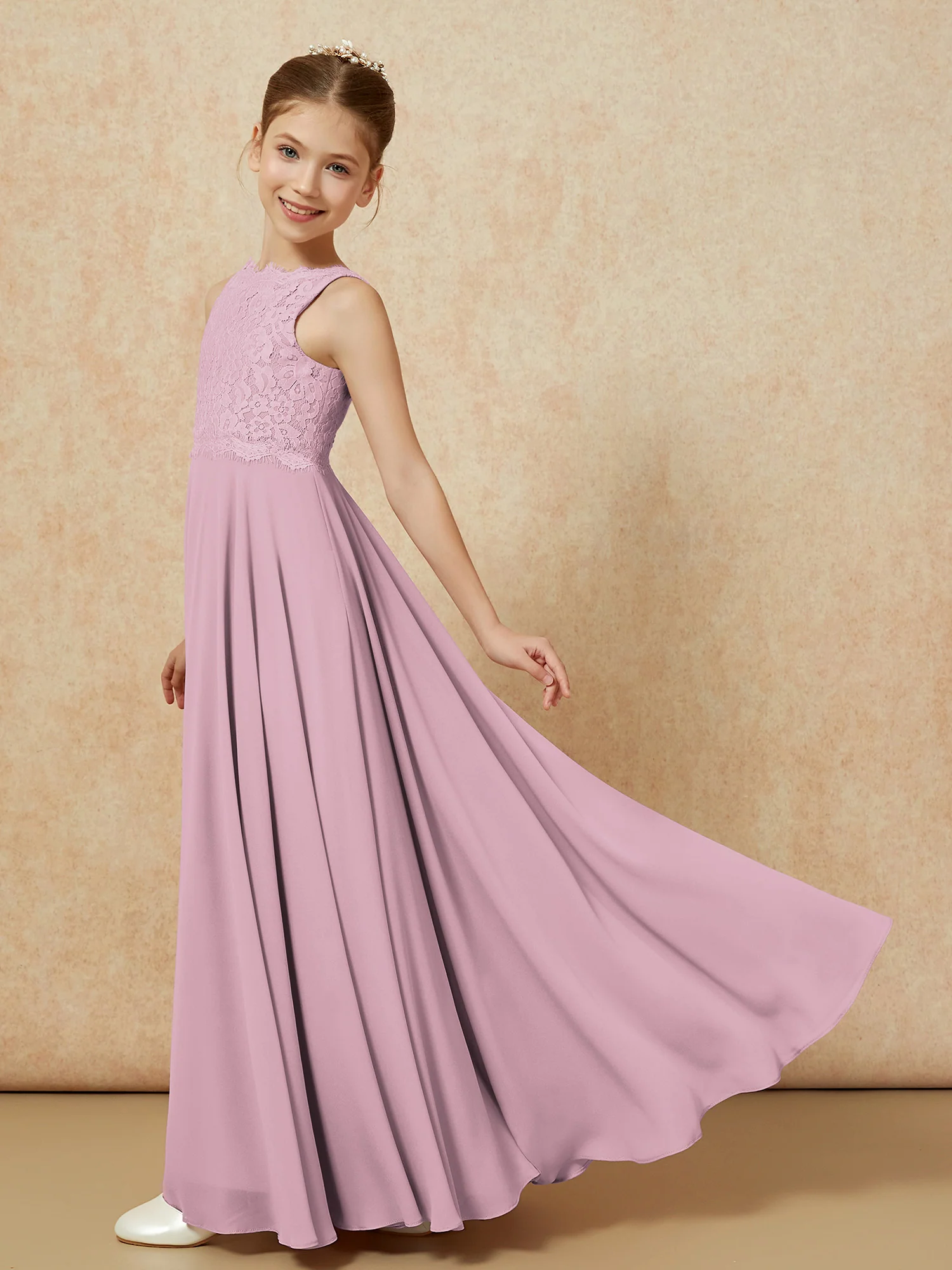 Bateau A-line Floor-length Chiffon Junior Bridesmaid Dress Vintage Mauve - Image 4
