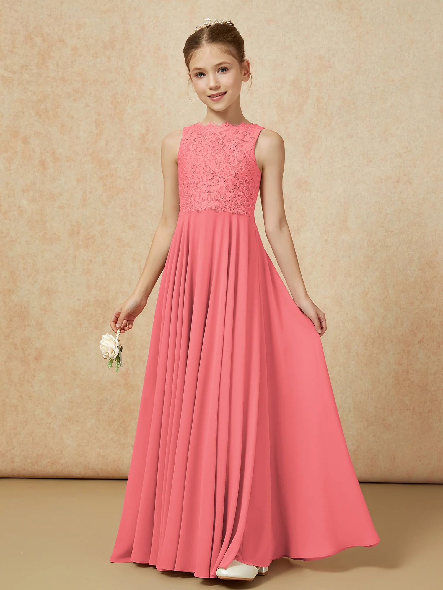 Bateau A-line Floor-length Chiffon Junior Bridesmaid Dress Watermelon - Image 3