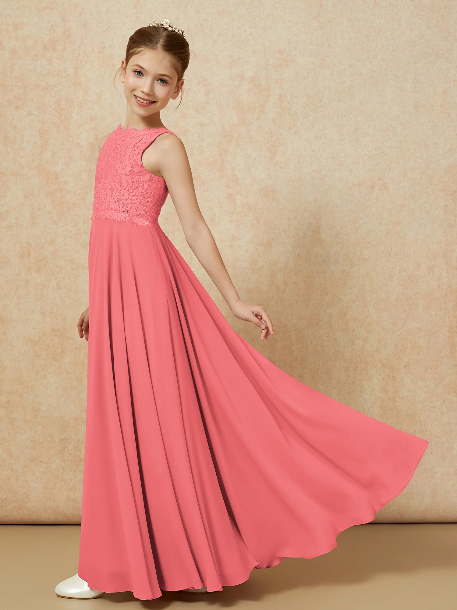 Bateau A-line Floor-length Chiffon Junior Bridesmaid Dress Watermelon - Image 4