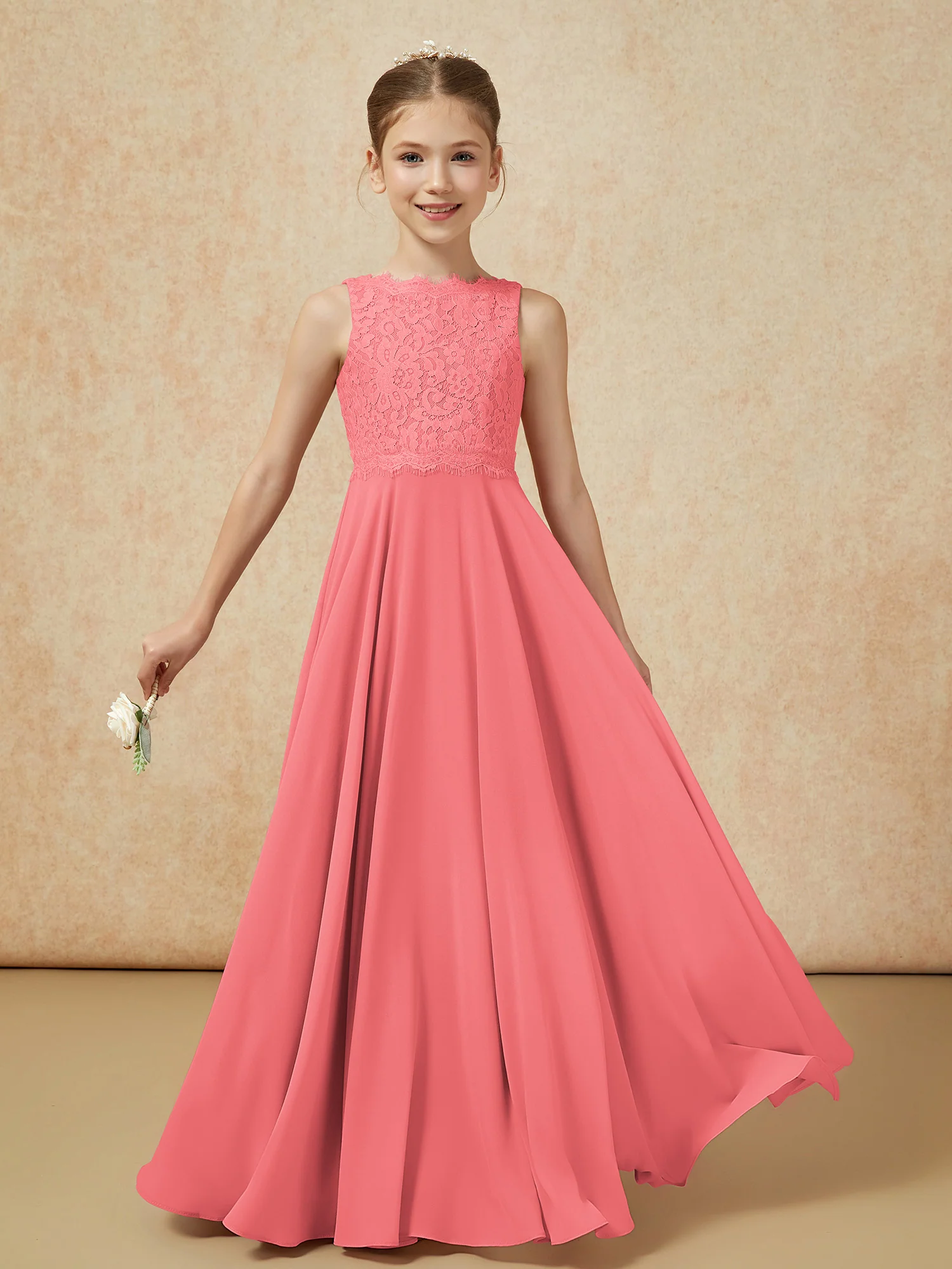 Bateau A-line Floor-length Chiffon Junior Bridesmaid Dress Watermelon - Image 5