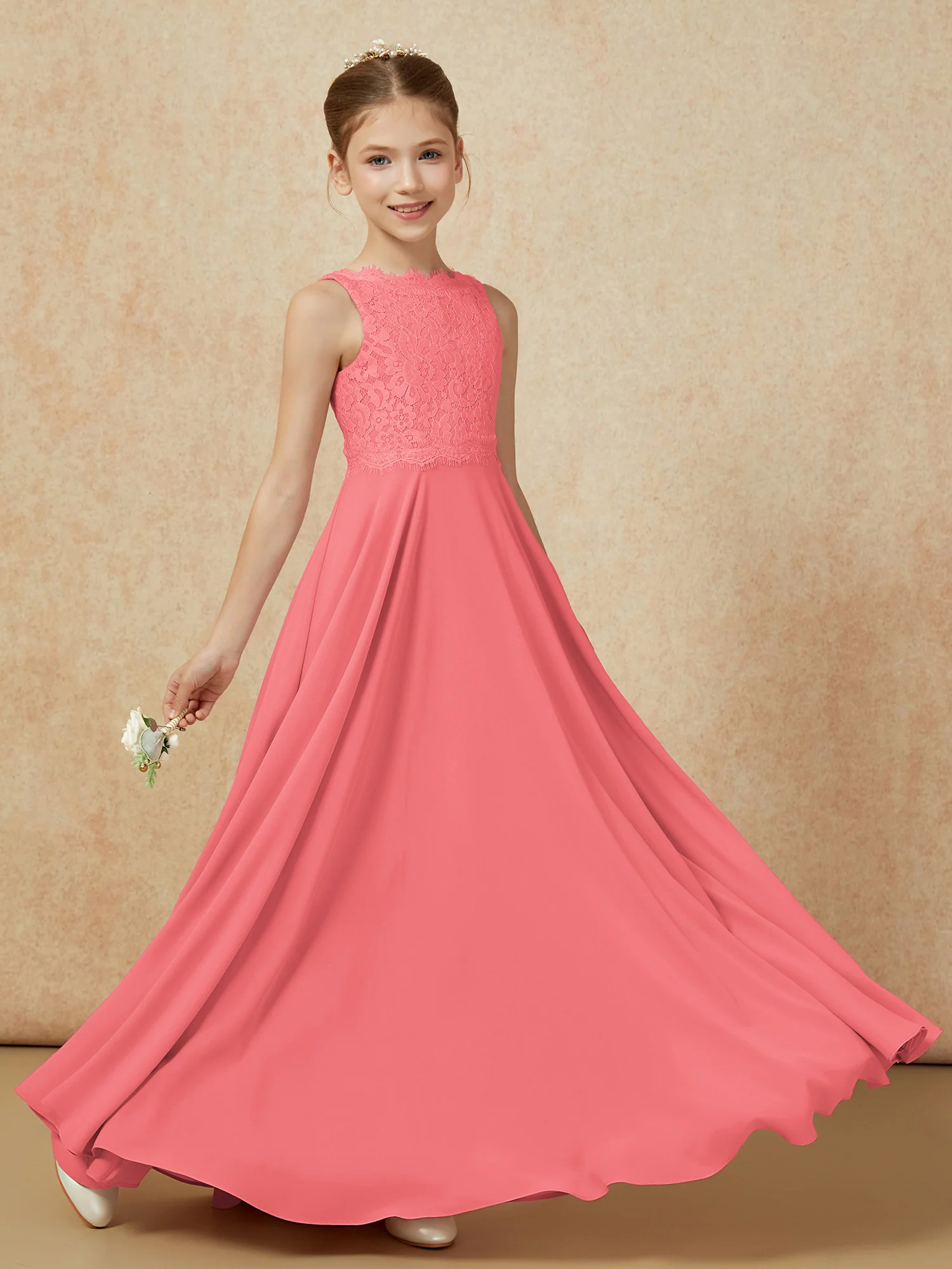 Bateau A-line Floor-length Chiffon Junior Bridesmaid Dress Watermelon - Image 6