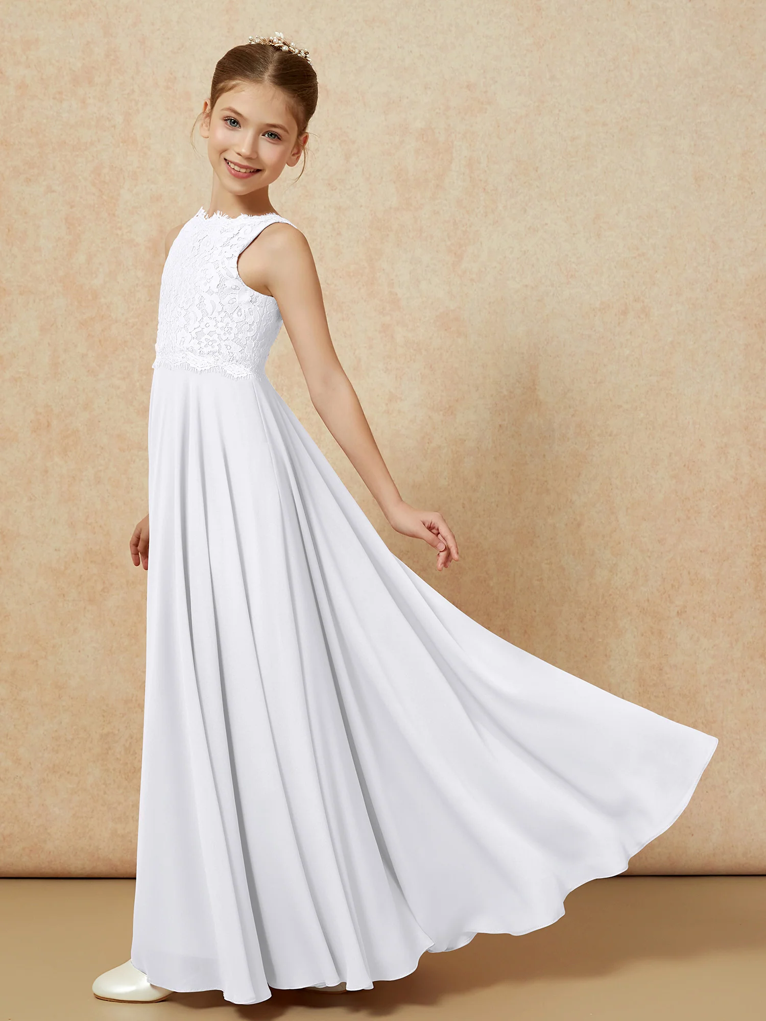 Bateau A-line Floor-length Chiffon Junior Bridesmaid Dress White - Image 4
