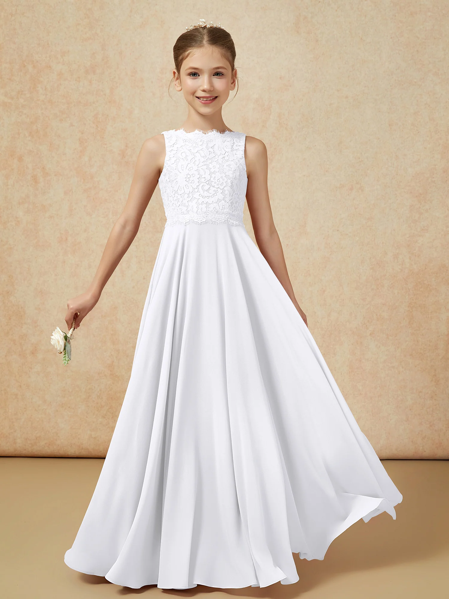 Bateau A-line Floor-length Chiffon Junior Bridesmaid Dress White - Image 5