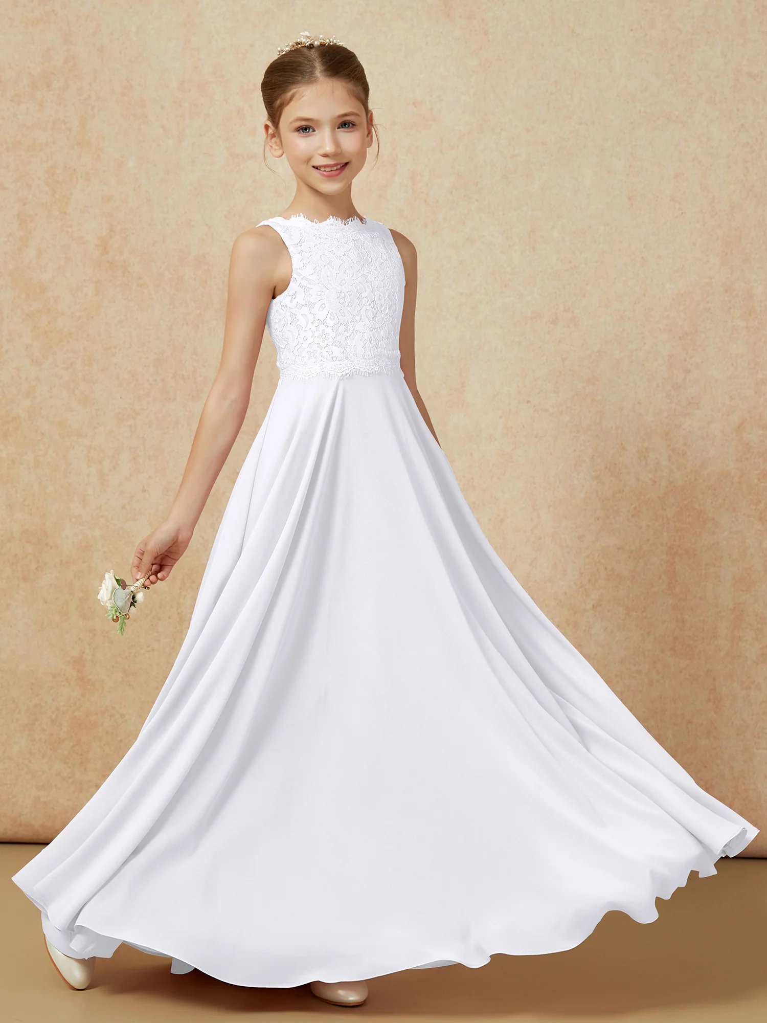 Bateau A-line Floor-length Chiffon Junior Bridesmaid Dress White - Image 6