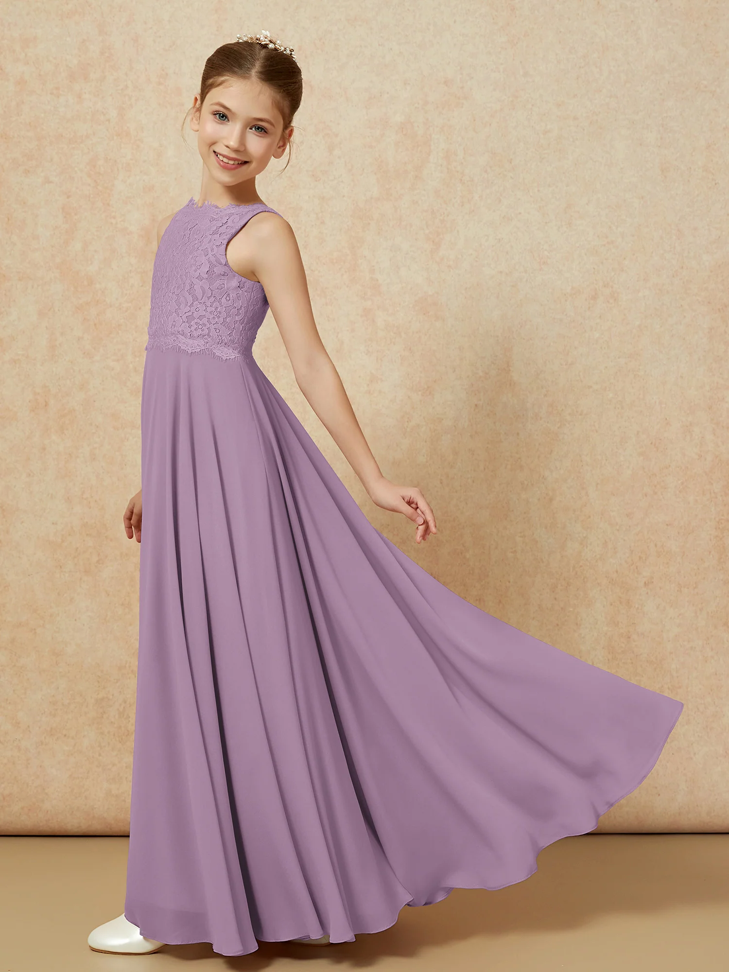 Bateau A-line Floor-length Chiffon Junior Bridesmaid Dress Wisteria - Image 4