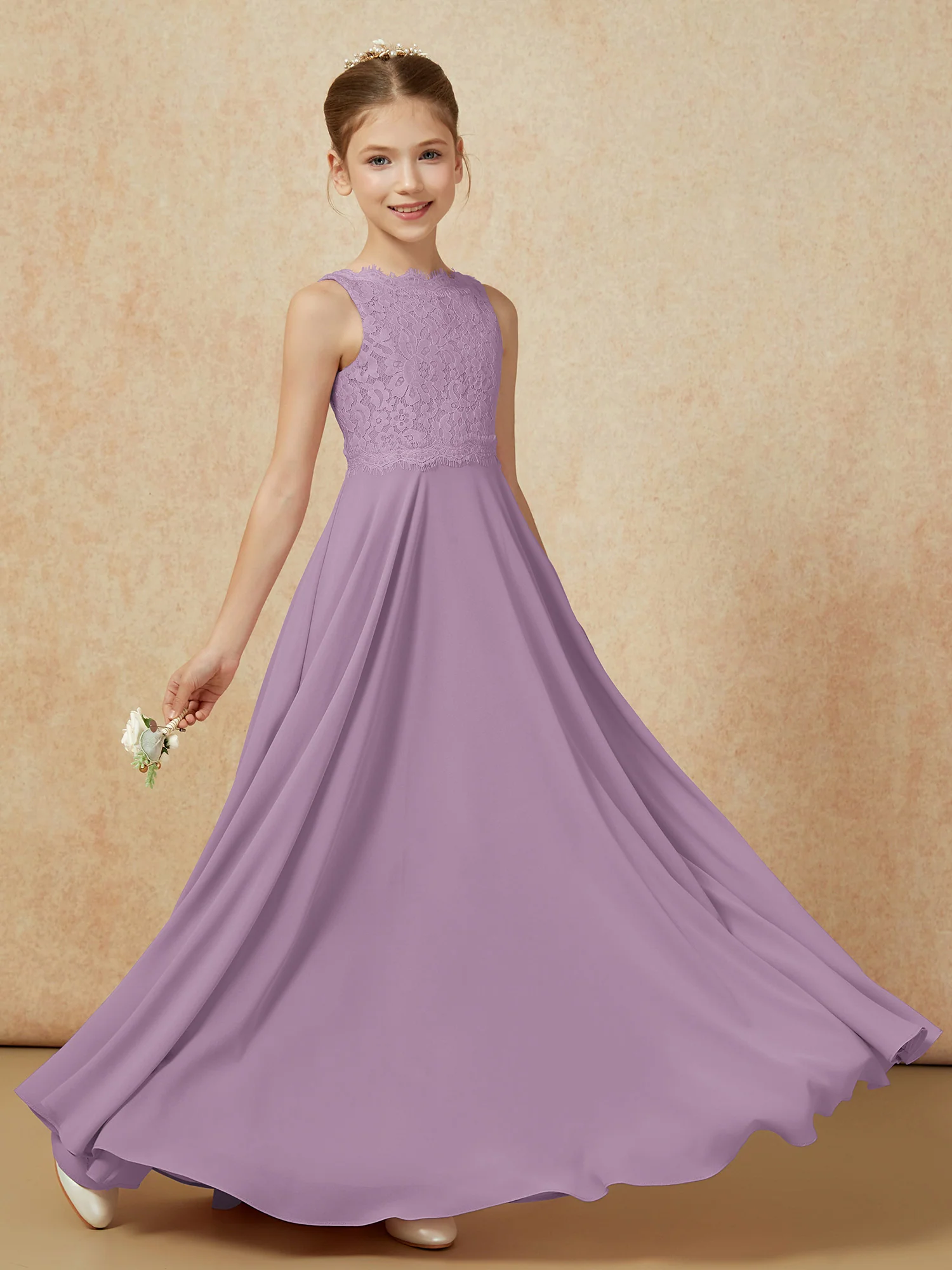 Bateau A-line Floor-length Chiffon Junior Bridesmaid Dress Wisteria - Image 6