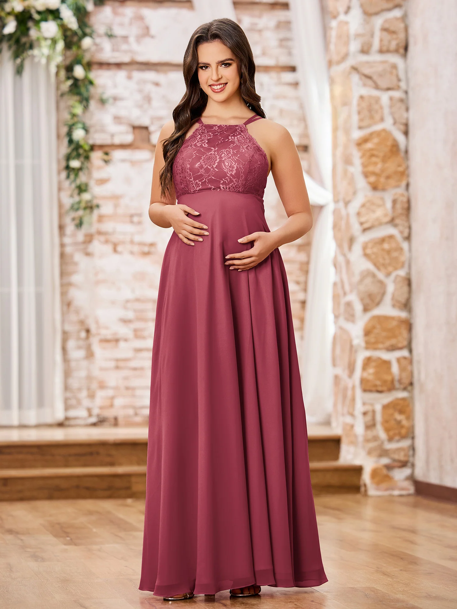 Bateau Neck Lace Top Chiffon Skirt Long Maternity Dresses Cinnamon Rose