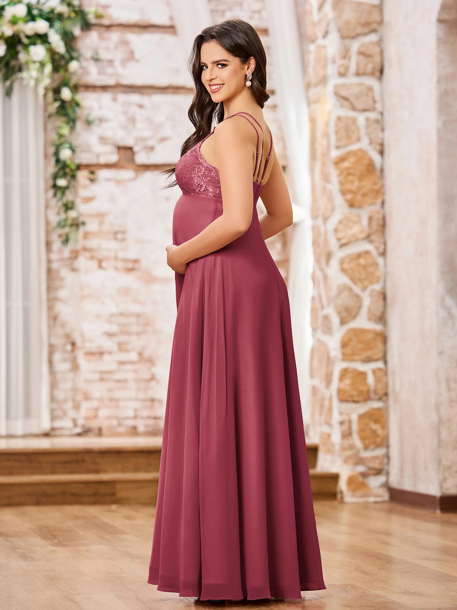 Bateau Neck Lace Top Chiffon Skirt Long Maternity Dresses Cinnamon Rose - Image 2