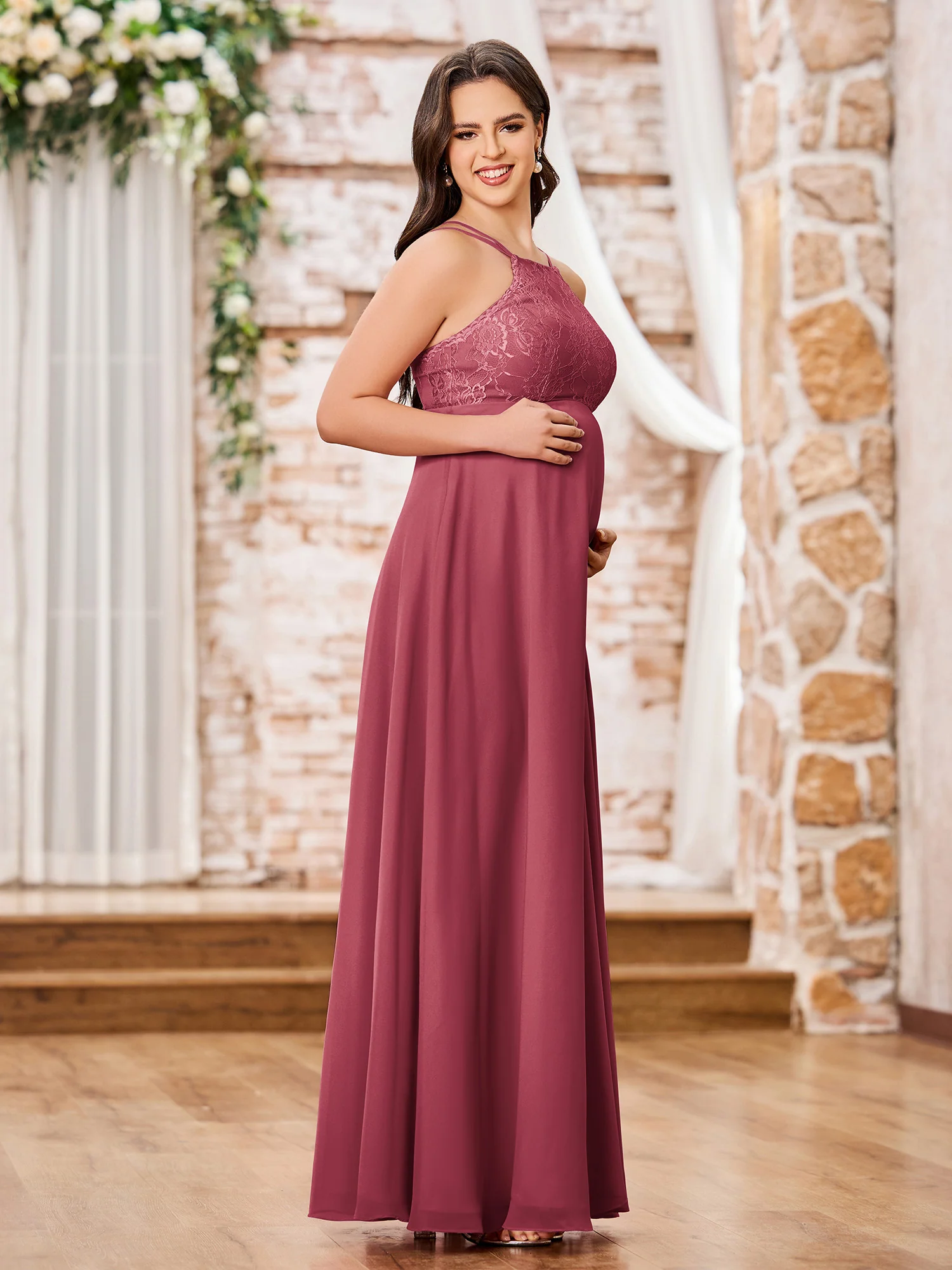 Bateau Neck Lace Top Chiffon Skirt Long Maternity Dresses Cinnamon Rose - Image 3