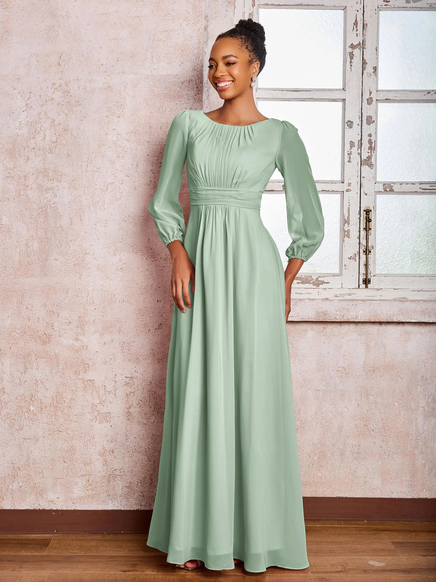 Bateau Neck Long Sleeves Ruched A-line Chiffon Dresses Agave - Image 3