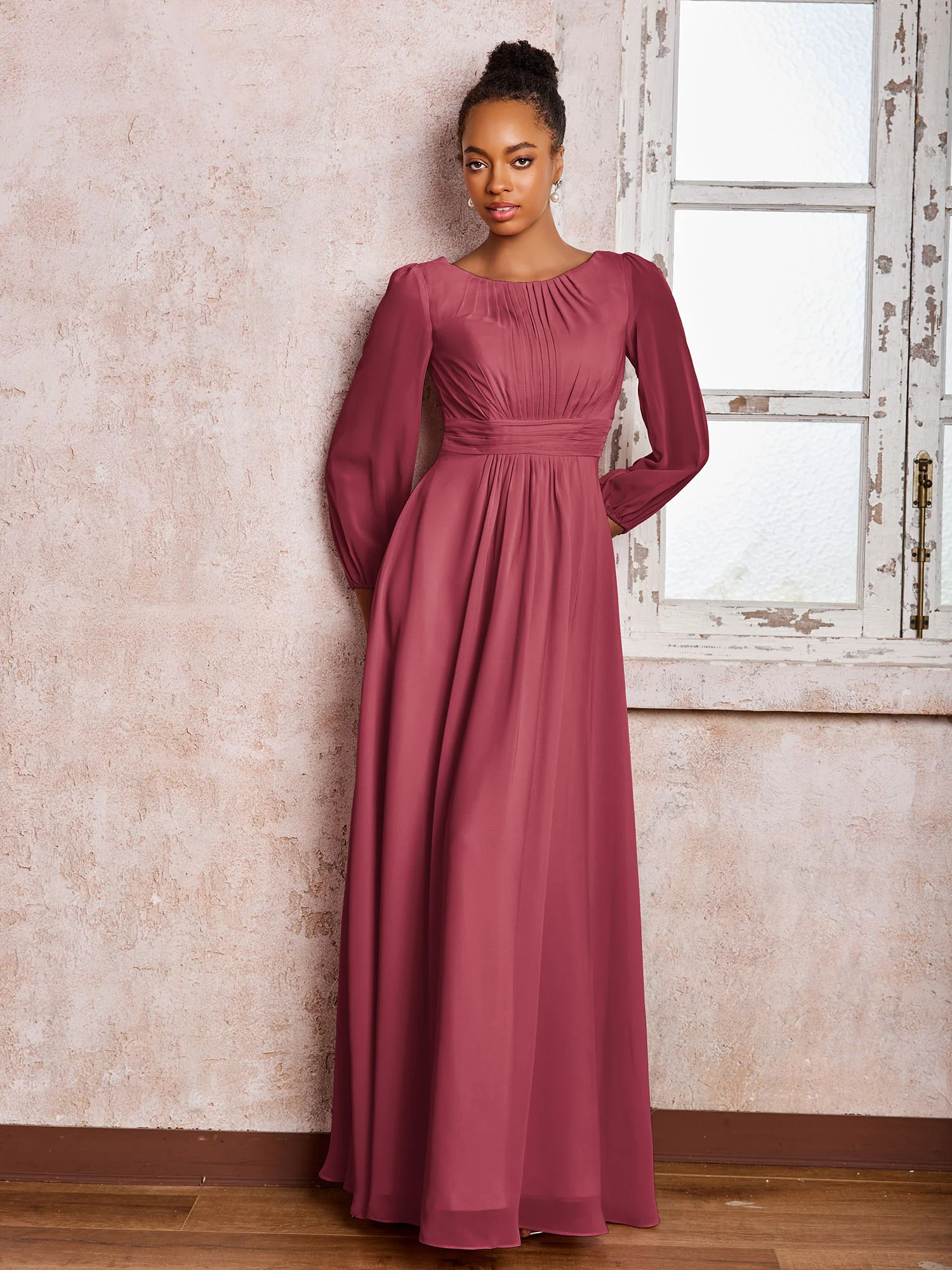 Bateau Neck Long Sleeves Ruched A-line Chiffon Dresses Cinnamon Rose
