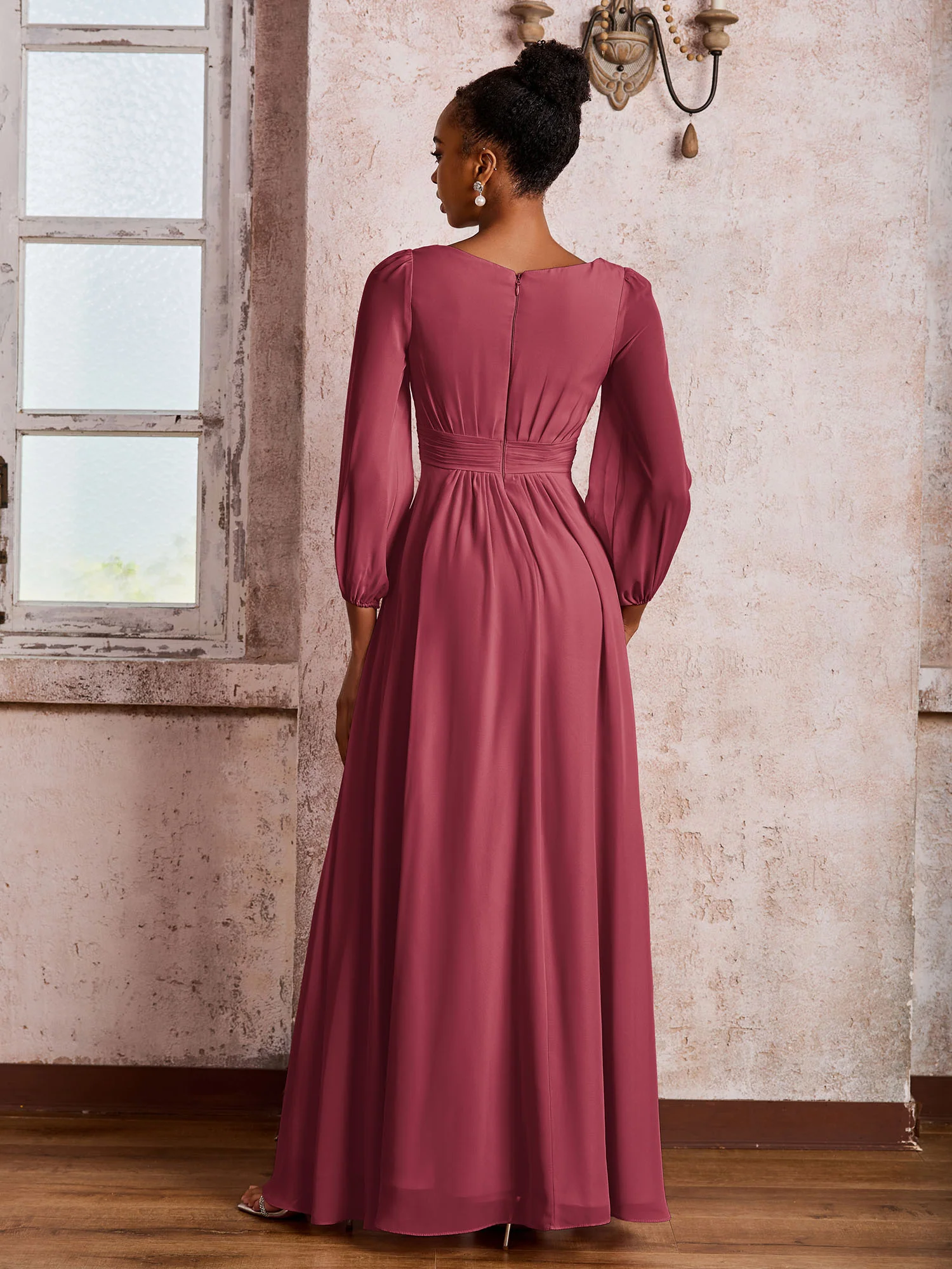 Bateau Neck Long Sleeves Ruched A-line Chiffon Dresses Cinnamon Rose - Image 2