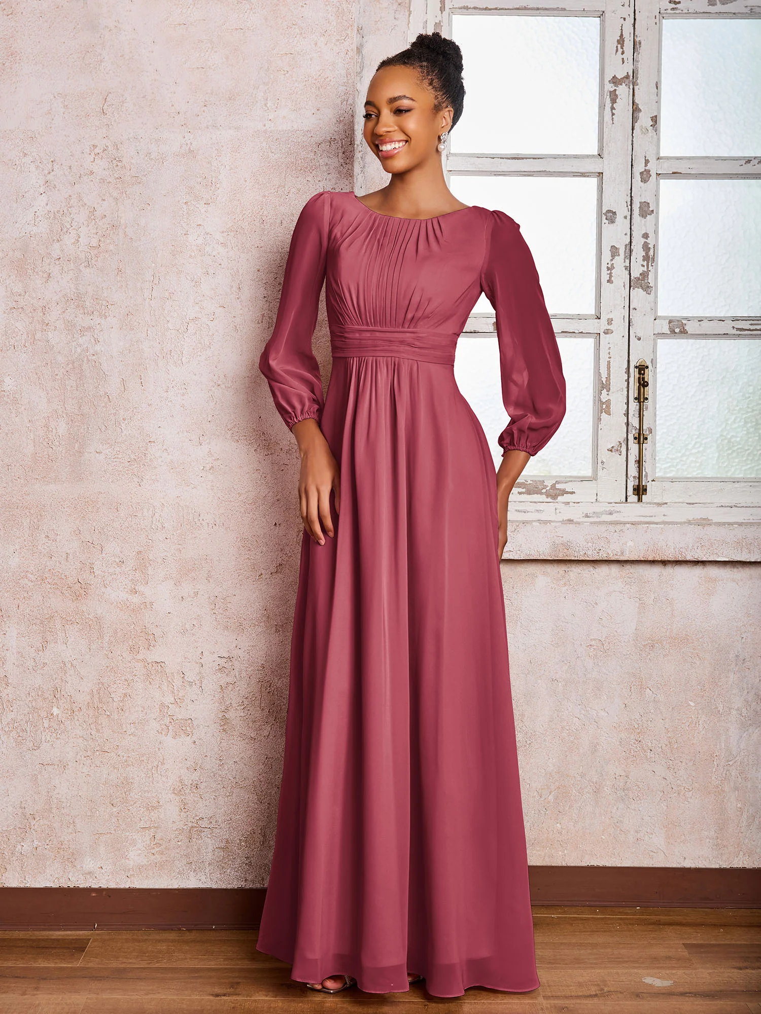 Bateau Neck Long Sleeves Ruched A-line Chiffon Dresses Cinnamon Rose - Image 3