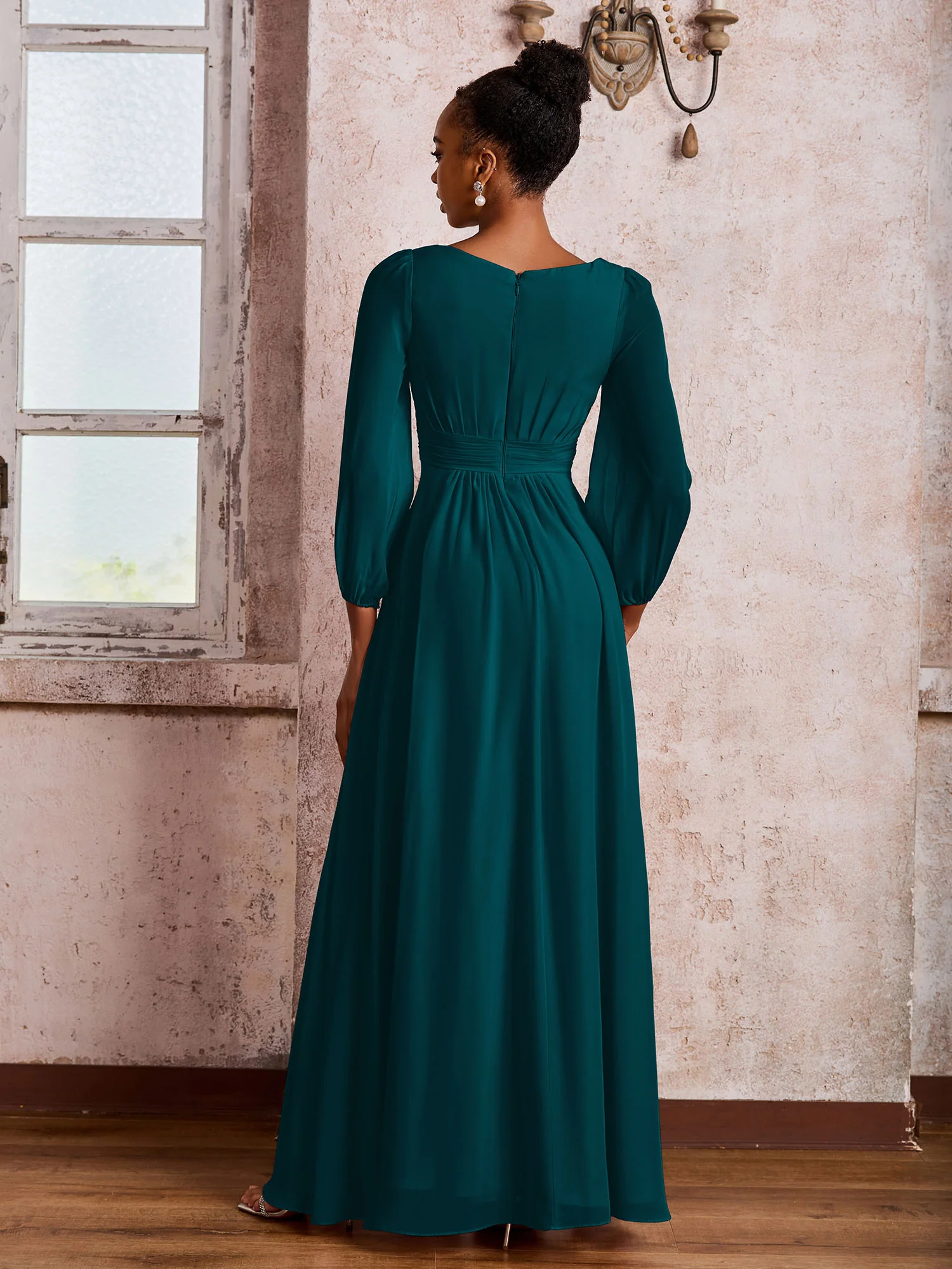 Bateau Neck Long Sleeves Ruched A-line Chiffon Dresses Pine - Image 2