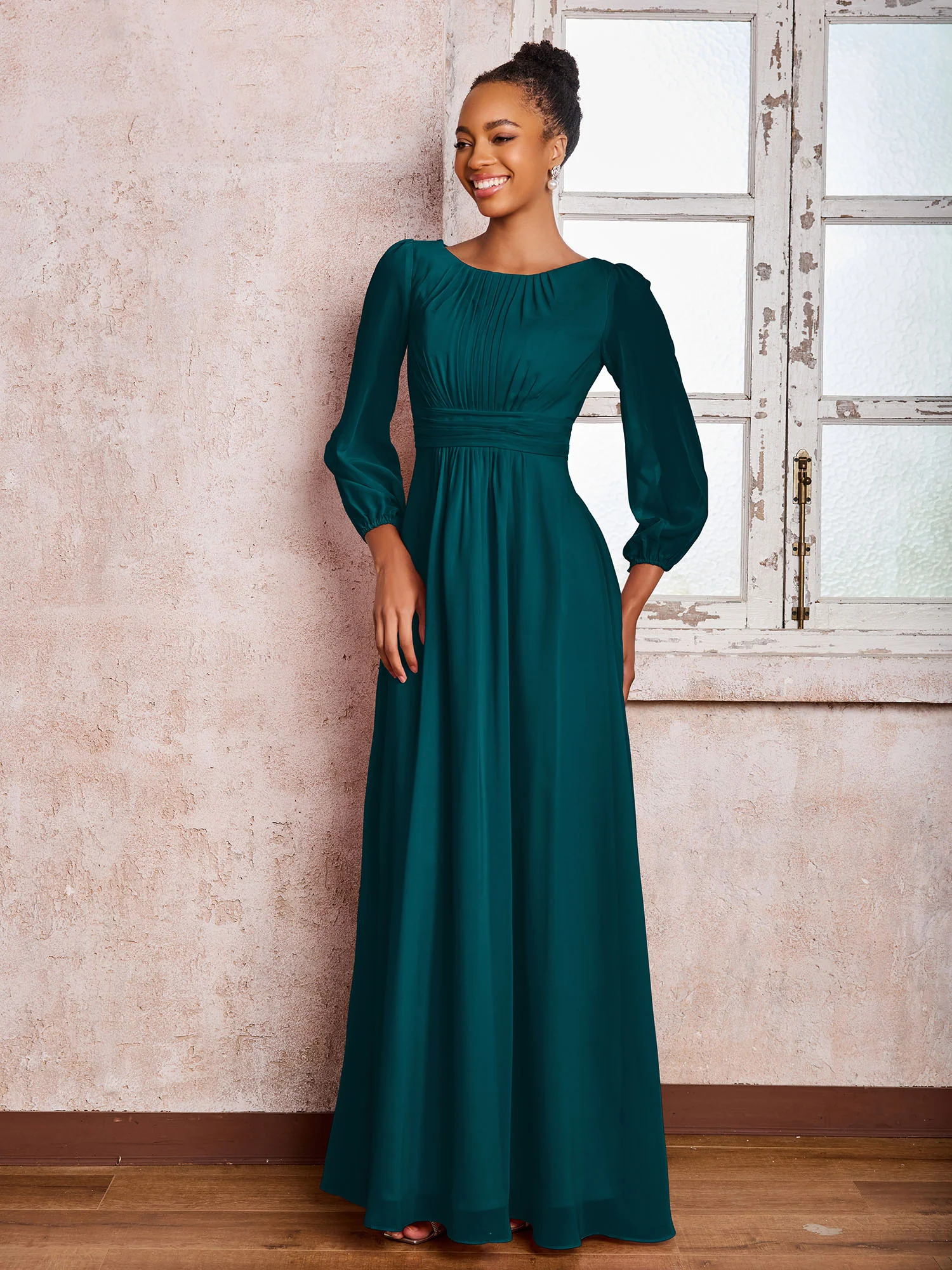 Bateau Neck Long Sleeves Ruched A-line Chiffon Dresses Pine - Image 3