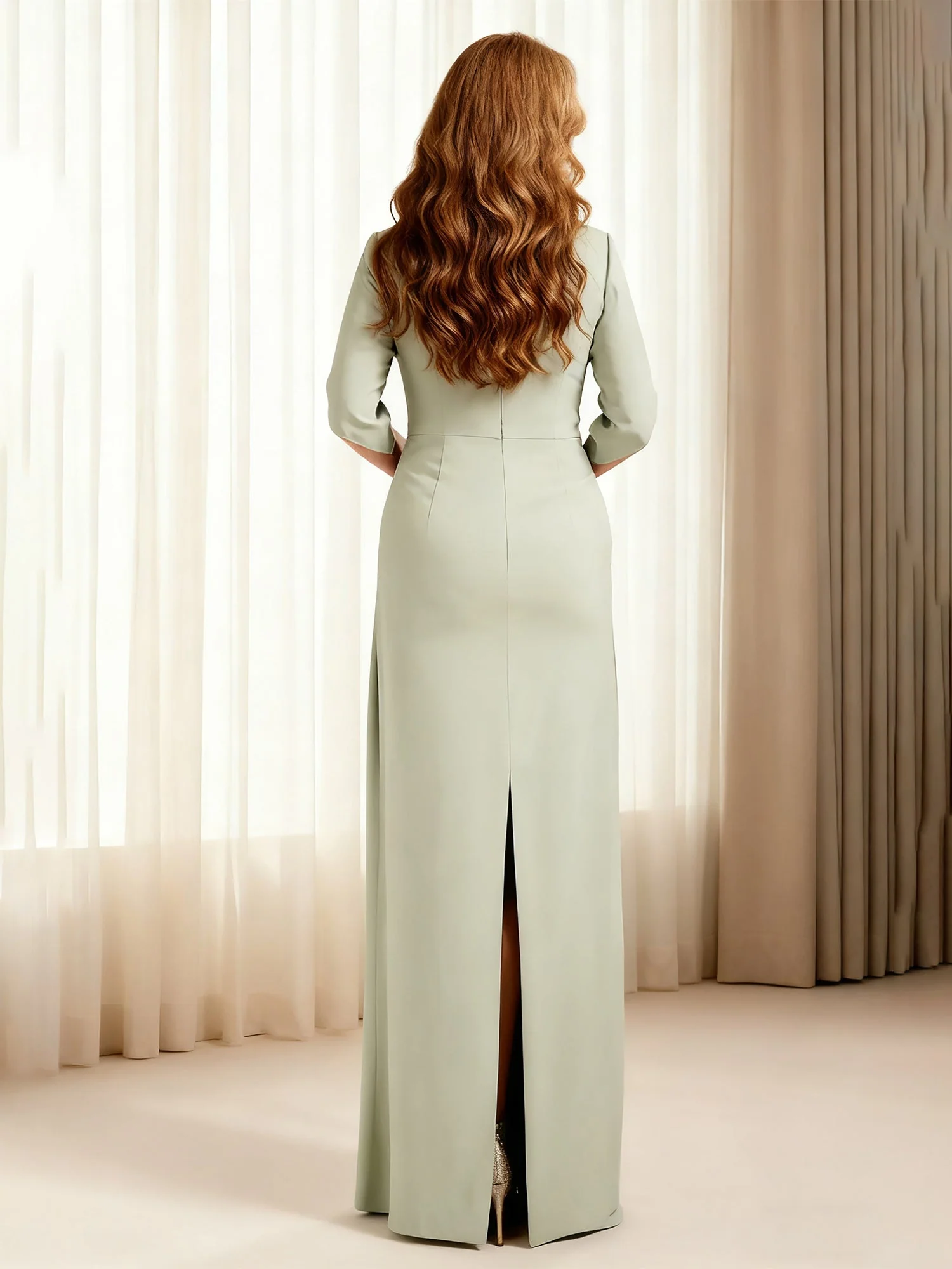 Bateau Neck Pleated Sheath Long Dress With Back Slit Steel Grey - Image 2