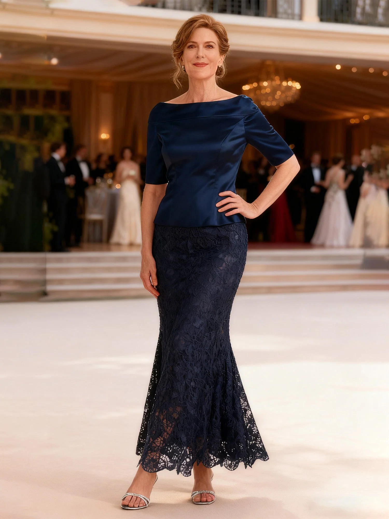 Bateau Neck Satin Lace Sheath Tea-length Dress Pool
