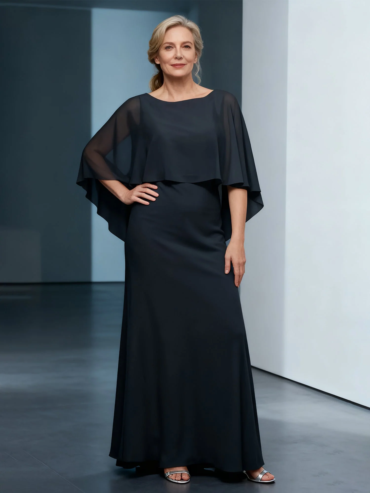 Bateau Neck Sheath Floor-length Dress With Cape Pool