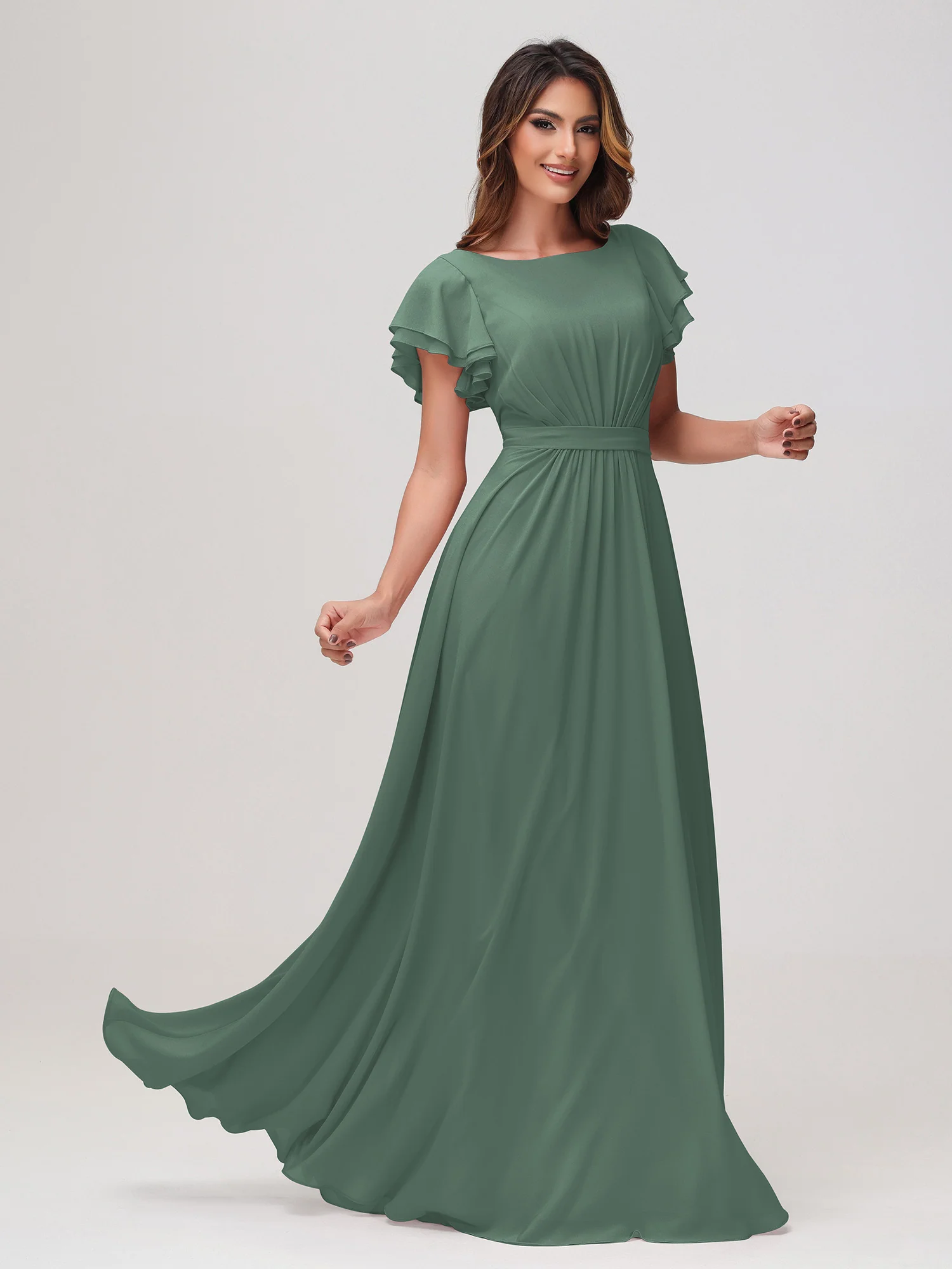 Bateau Neckline Flutter Sleeves Floor-length Dress Eucalyptus - Image 3