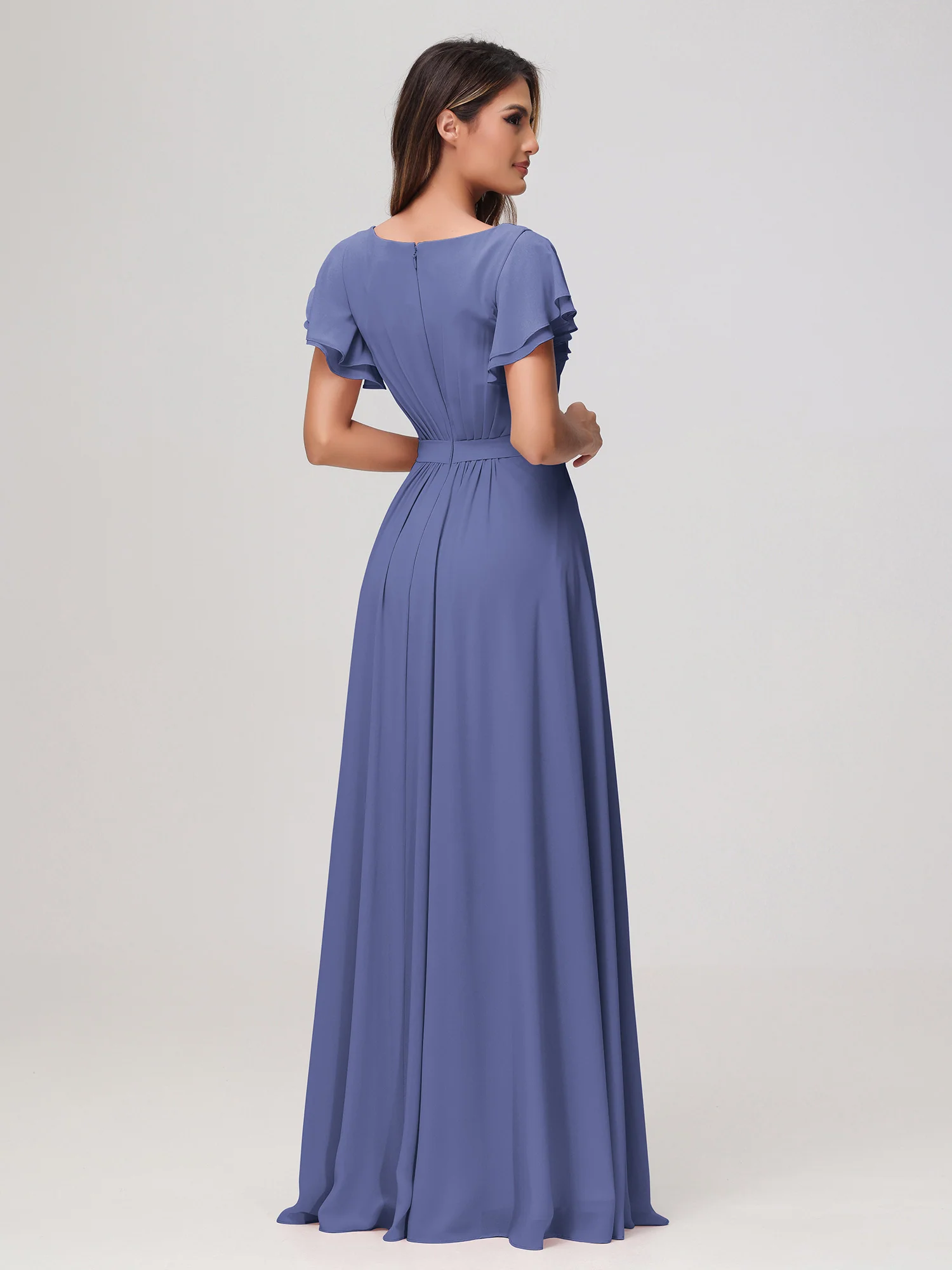 Bateau Neckline Flutter Sleeves Floor-length Dress Periwinkle - Image 2