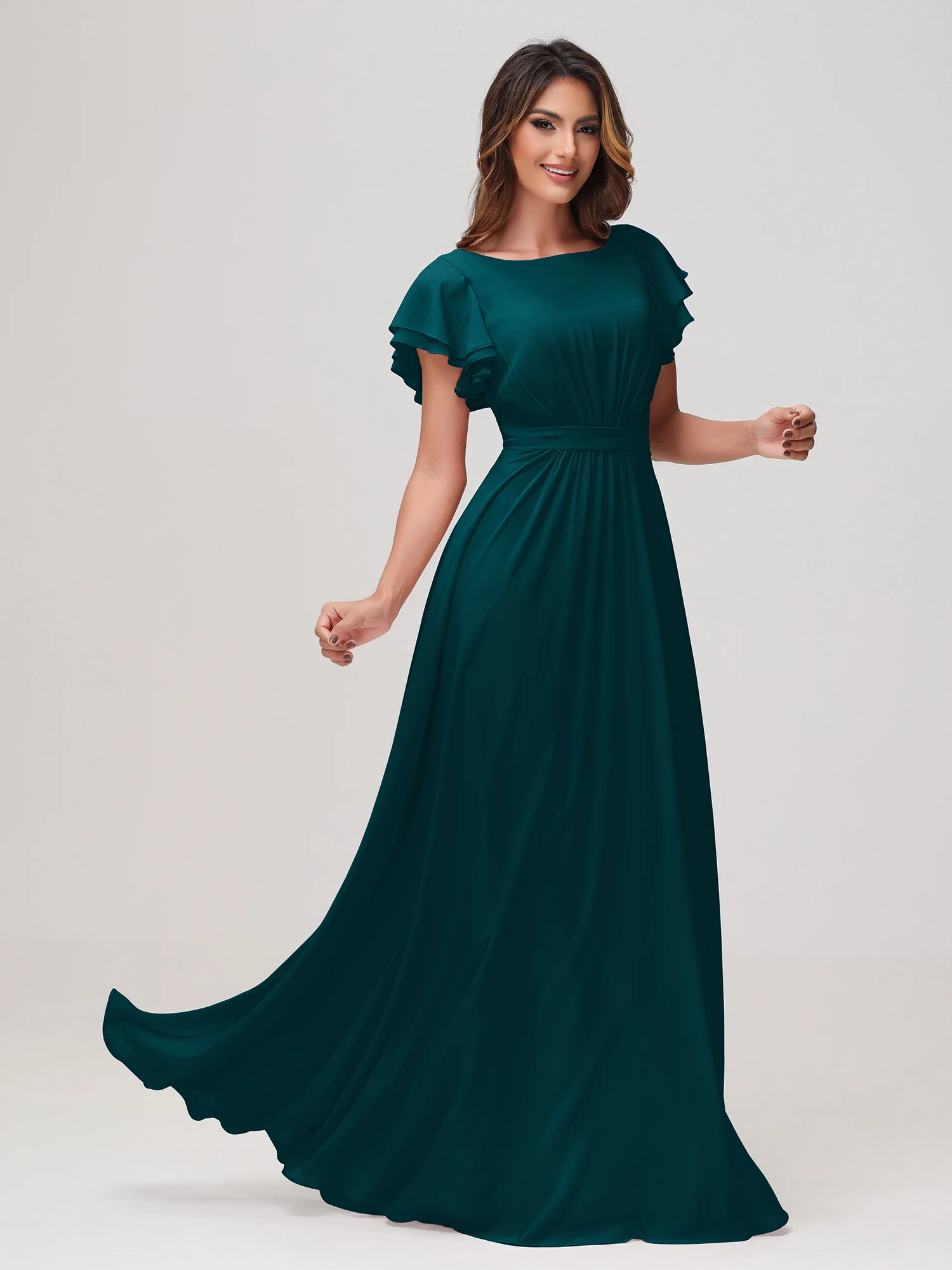 Bateau Neckline Flutter Sleeves Floor-length Dress Pine - Image 3