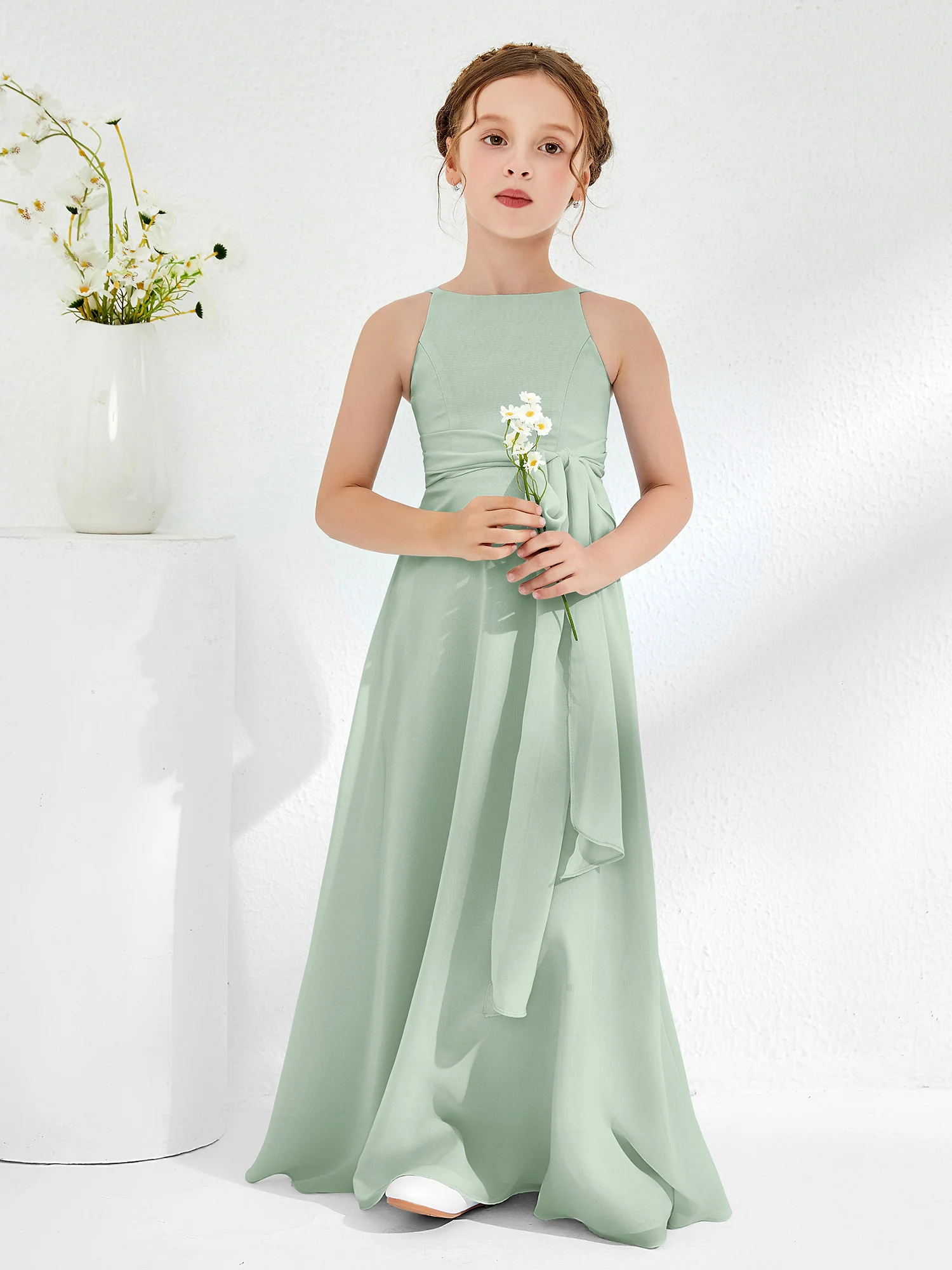 Bateau Neckline Junior Bridesmaid Dresses with Sash Agave