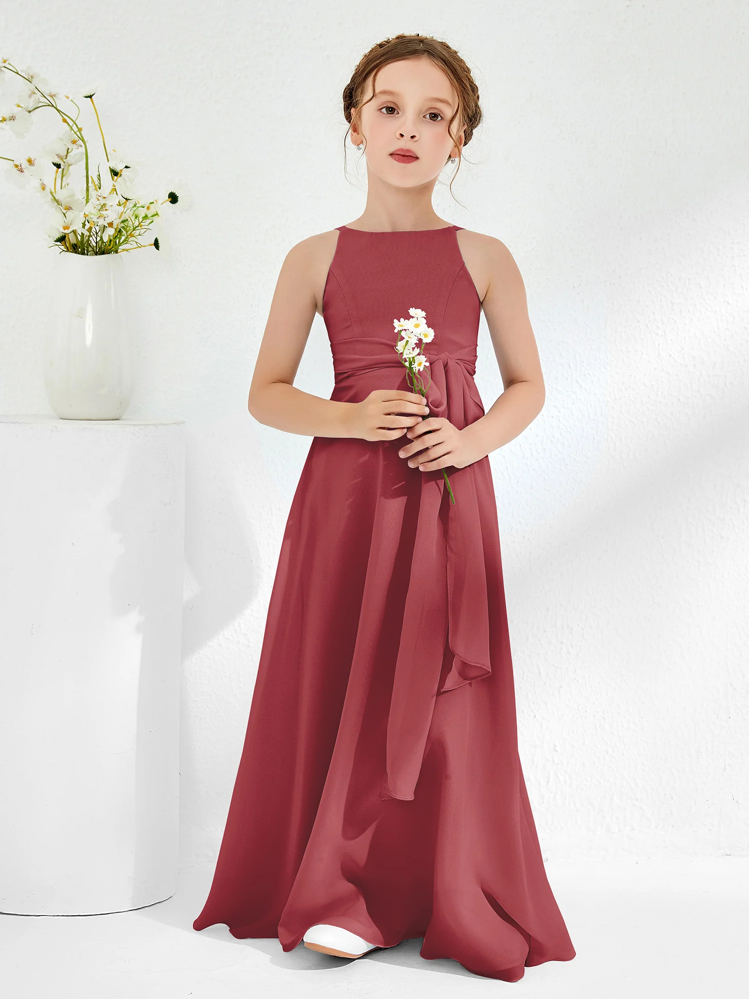 Bateau Neckline Junior Bridesmaid Dresses with Sash Cinnamon Rose
