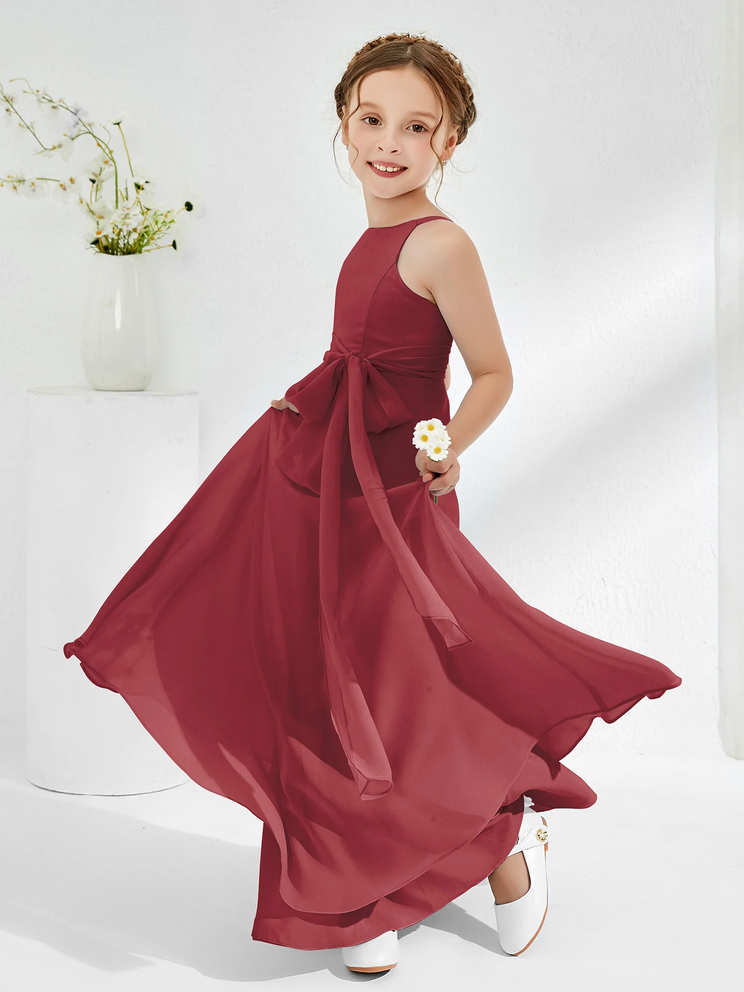 Bateau Neckline Junior Bridesmaid Dresses with Sash Cinnamon Rose - Image 3