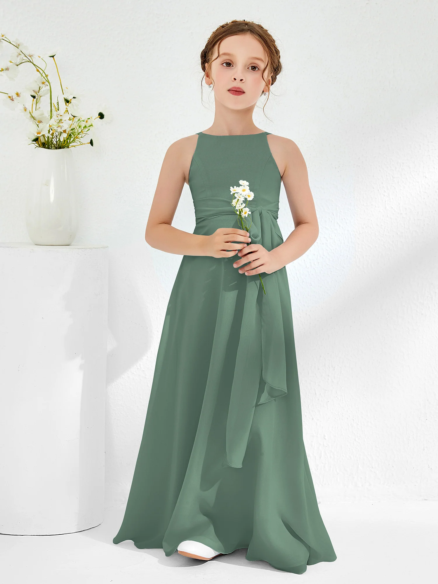 Bateau Neckline Junior Bridesmaid Dresses with Sash Eucalyptus