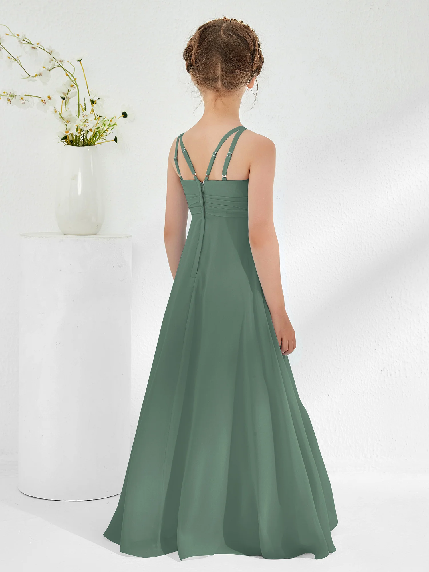 Bateau Neckline Junior Bridesmaid Dresses with Sash Eucalyptus - Image 2