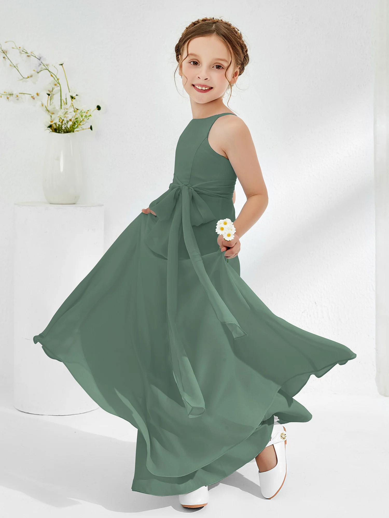 Bateau Neckline Junior Bridesmaid Dresses with Sash Eucalyptus - Image 3