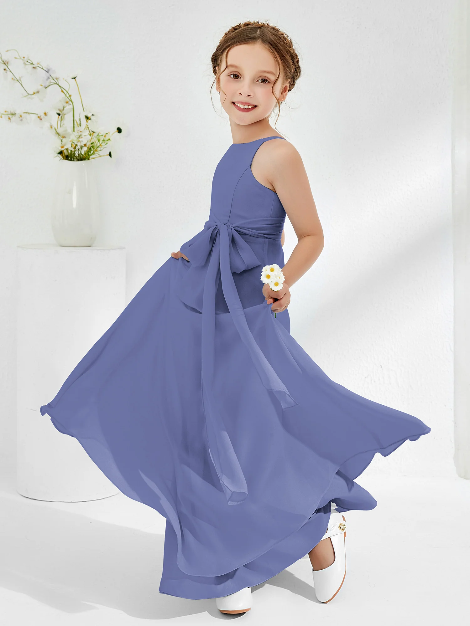Bateau Neckline Junior Bridesmaid Dresses with Sash Periwinkle - Image 3