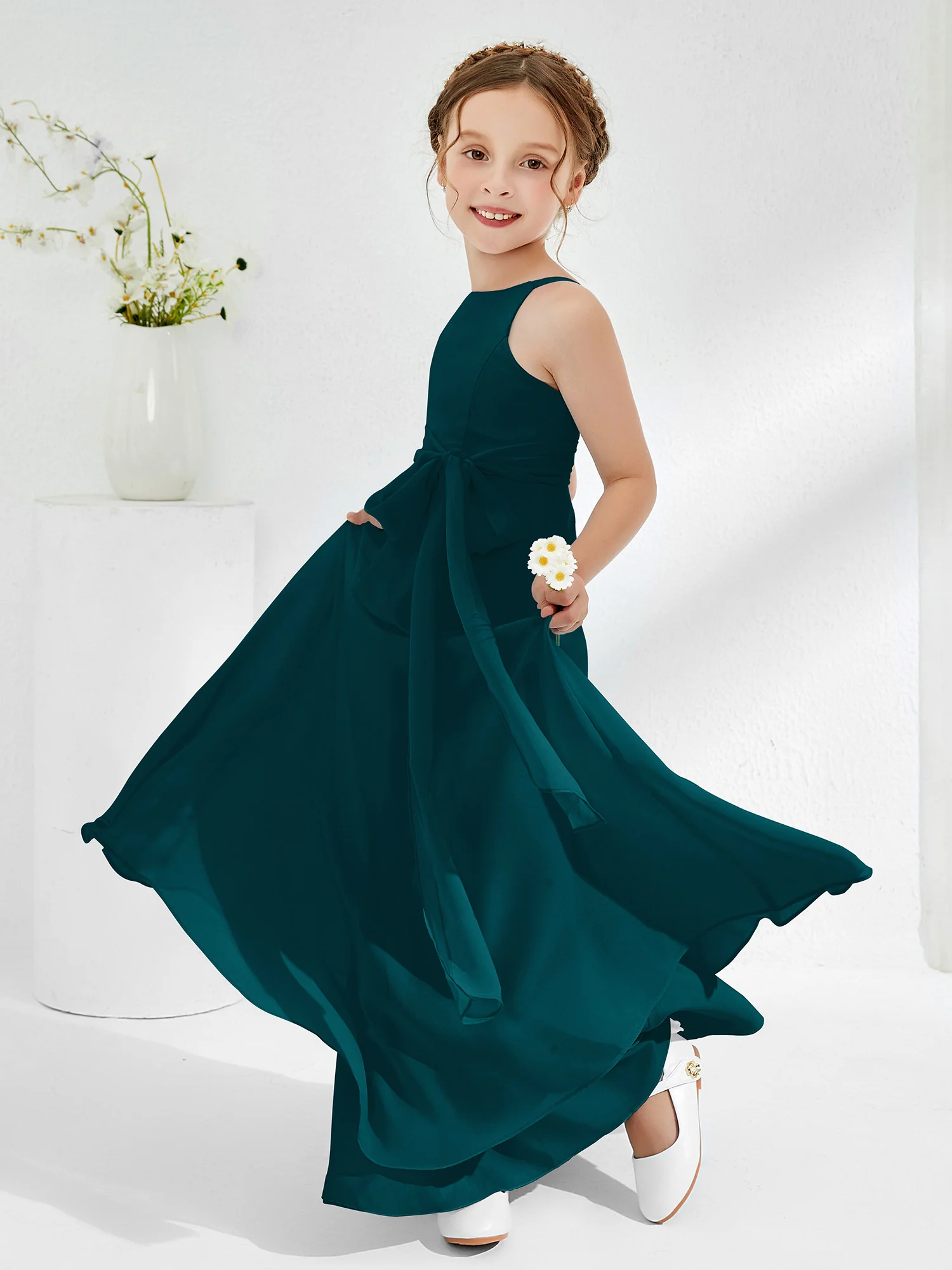 Bateau Neckline Junior Bridesmaid Dresses with Sash Pine - Image 3