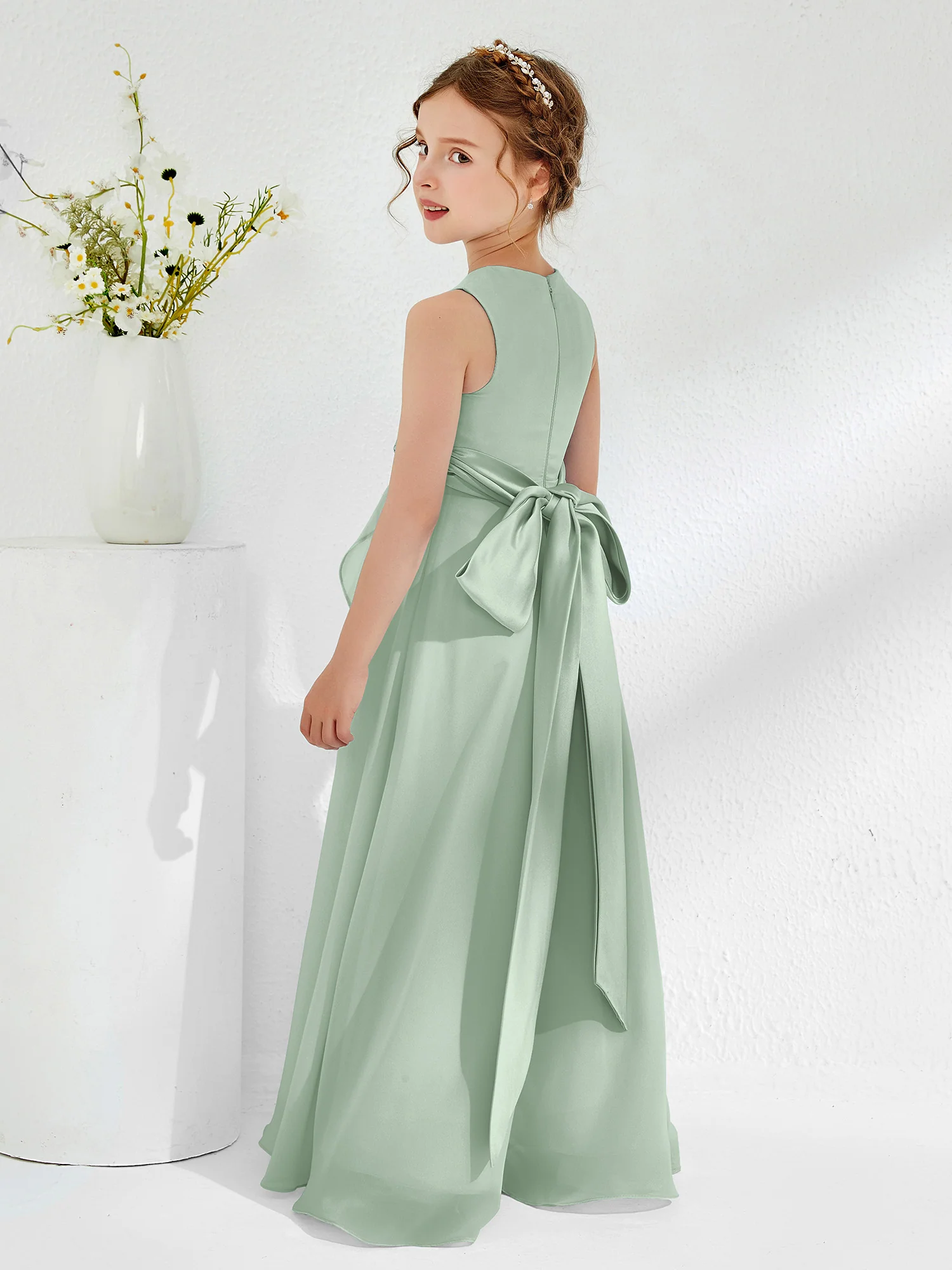 Bateau Neckline Ruffle Junior Bridesmaid Gowns Agave - Image 2