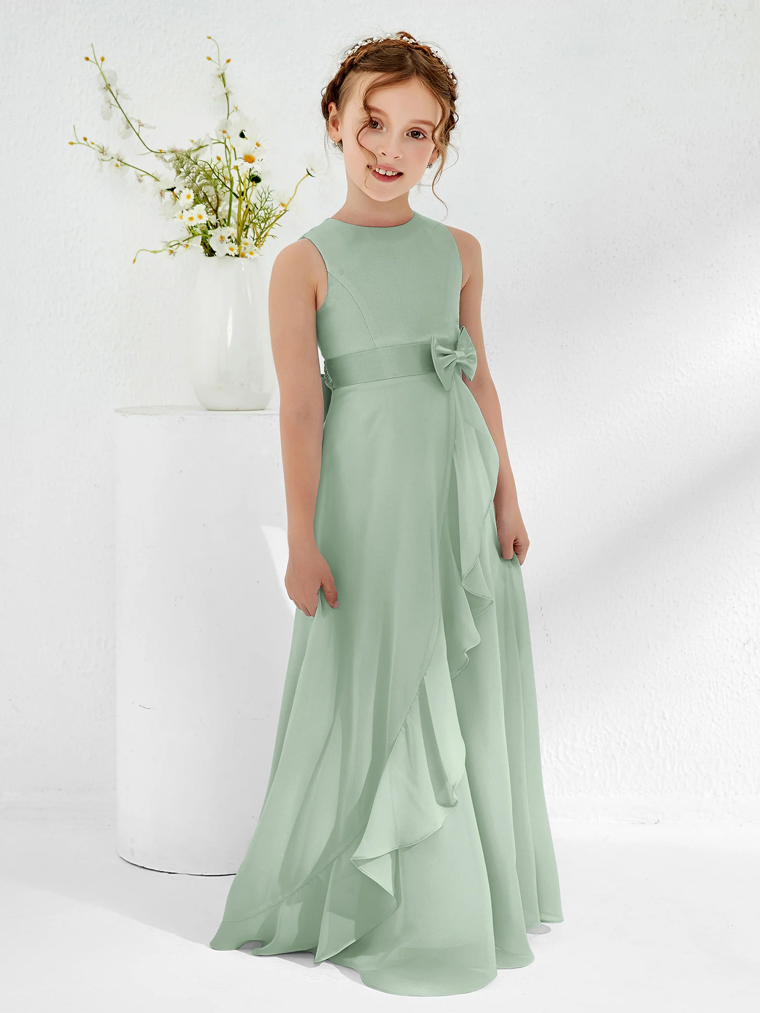 Bateau Neckline Ruffle Junior Bridesmaid Gowns Agave - Image 3
