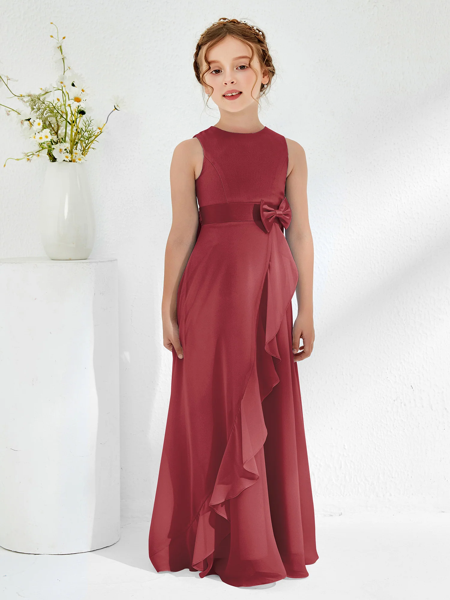 Bateau Neckline Ruffle Junior Bridesmaid Gowns Cinnamon Rose