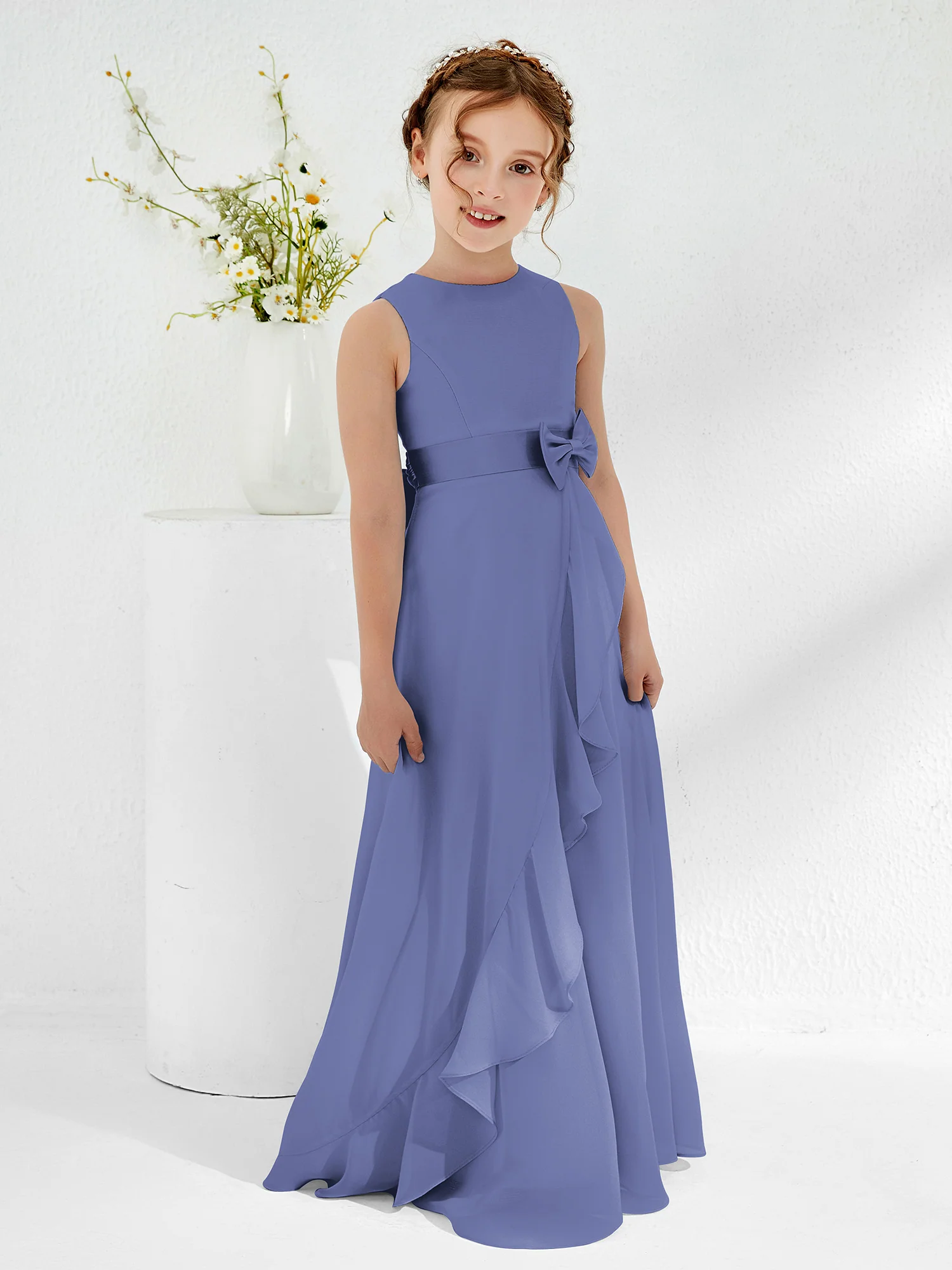 Bateau Neckline Ruffle Junior Bridesmaid Gowns Periwinkle - Image 3