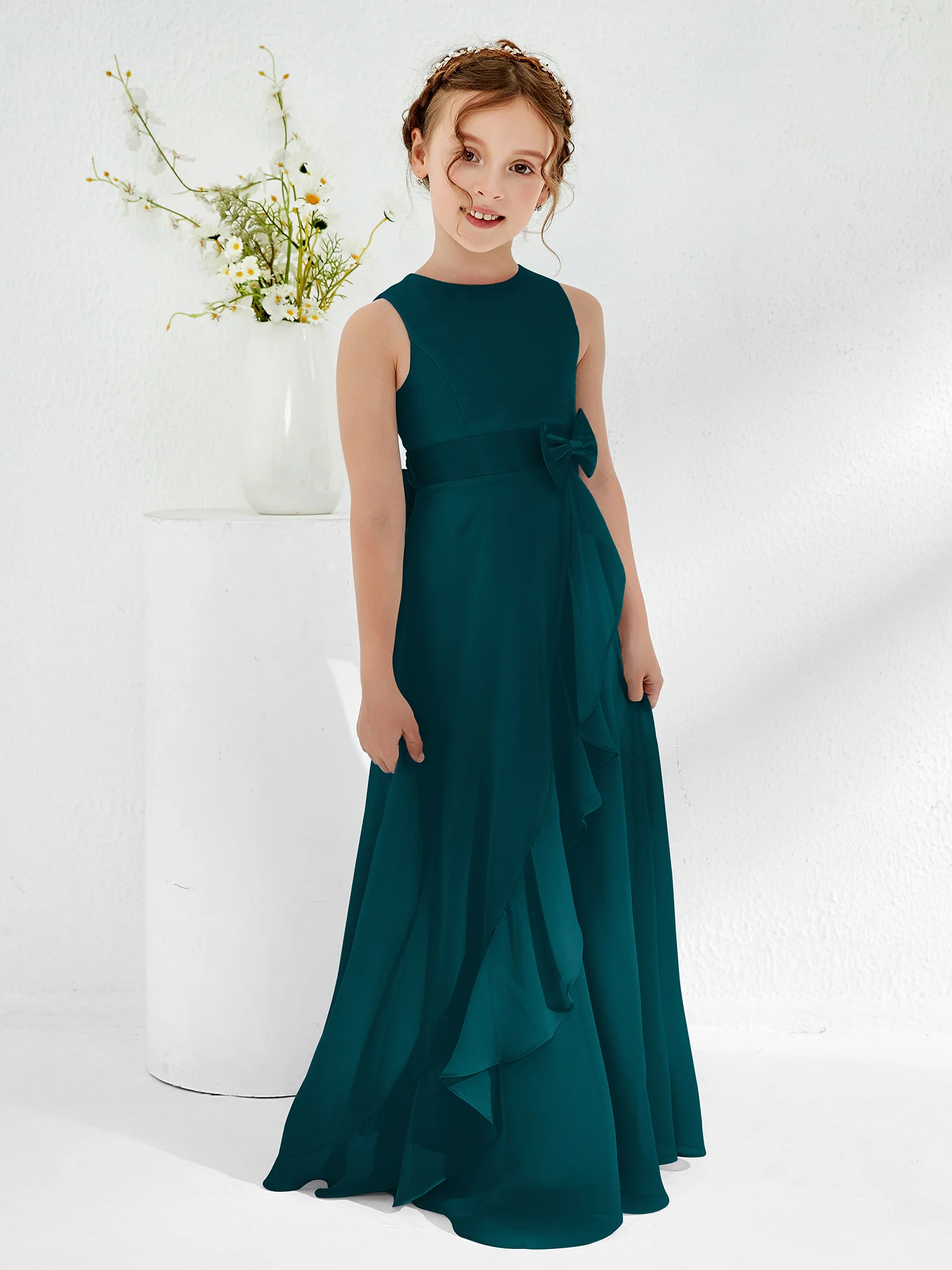 Bateau Neckline Ruffle Junior Bridesmaid Gowns Pine - Image 3